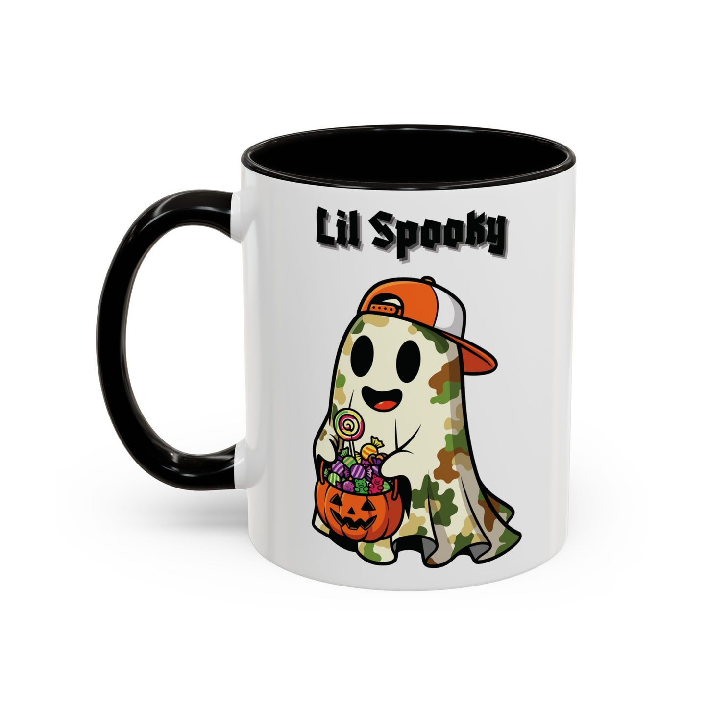 "Lil Spooky"  White Ceramic Halloween Mug With Colorful Accents — Cute Ghost Trick-or-Treat Ceramic Mug (11oz/15oz)