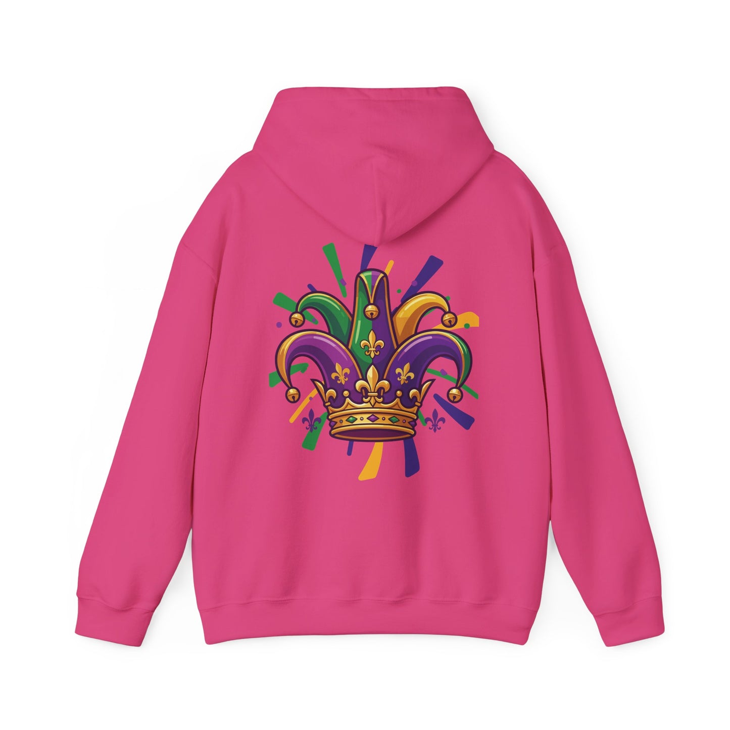 "Mardi Gras Jester Crown" Unisex Pullover Hoodie.  Festive Colorful Front Chest & Bold Back Designs Make This THE Hoodie Of Carnival Season!