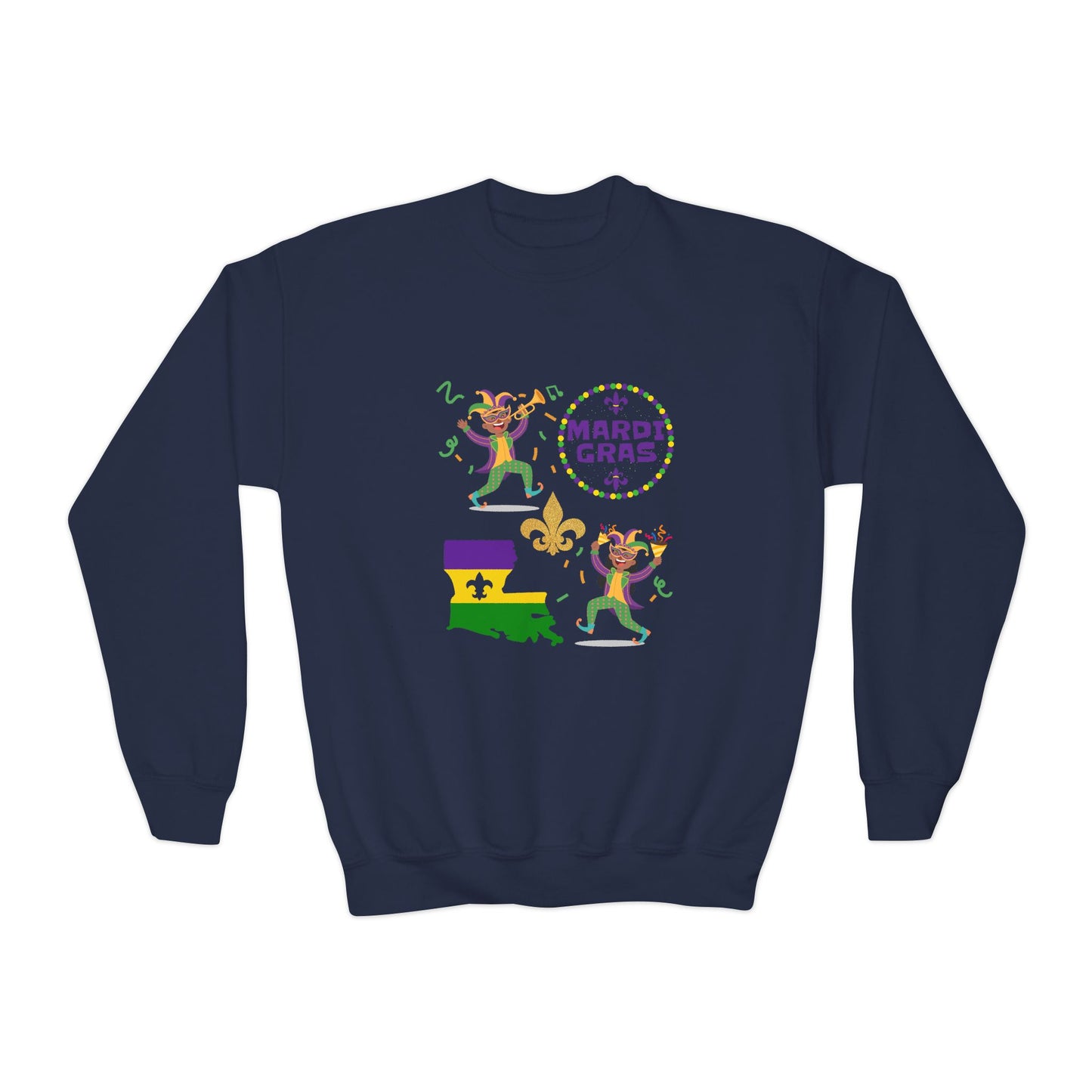 "Mardi Gras Kids" Youth Crewneck Sweatshirt — Colorful Beads, Jester Costumes & The State Of Louisiana all in Classic Mardi Gras Colors - Ready For The Parades!