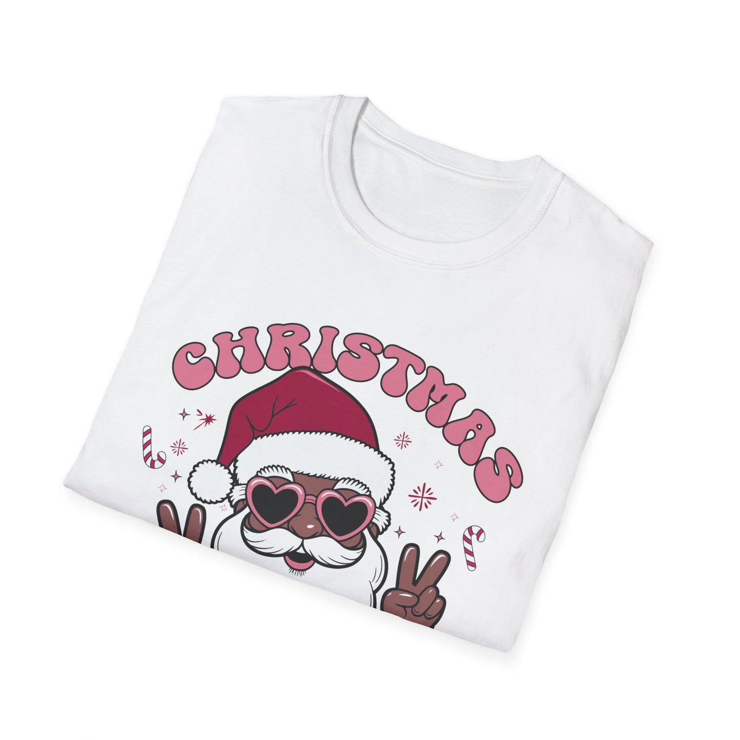 "Christmas Vibes" Unisex T-Shirt — Retro Santa Sporting Cool Sunglasses And A Peace Sign. What a Groovy Holiday Tee!
