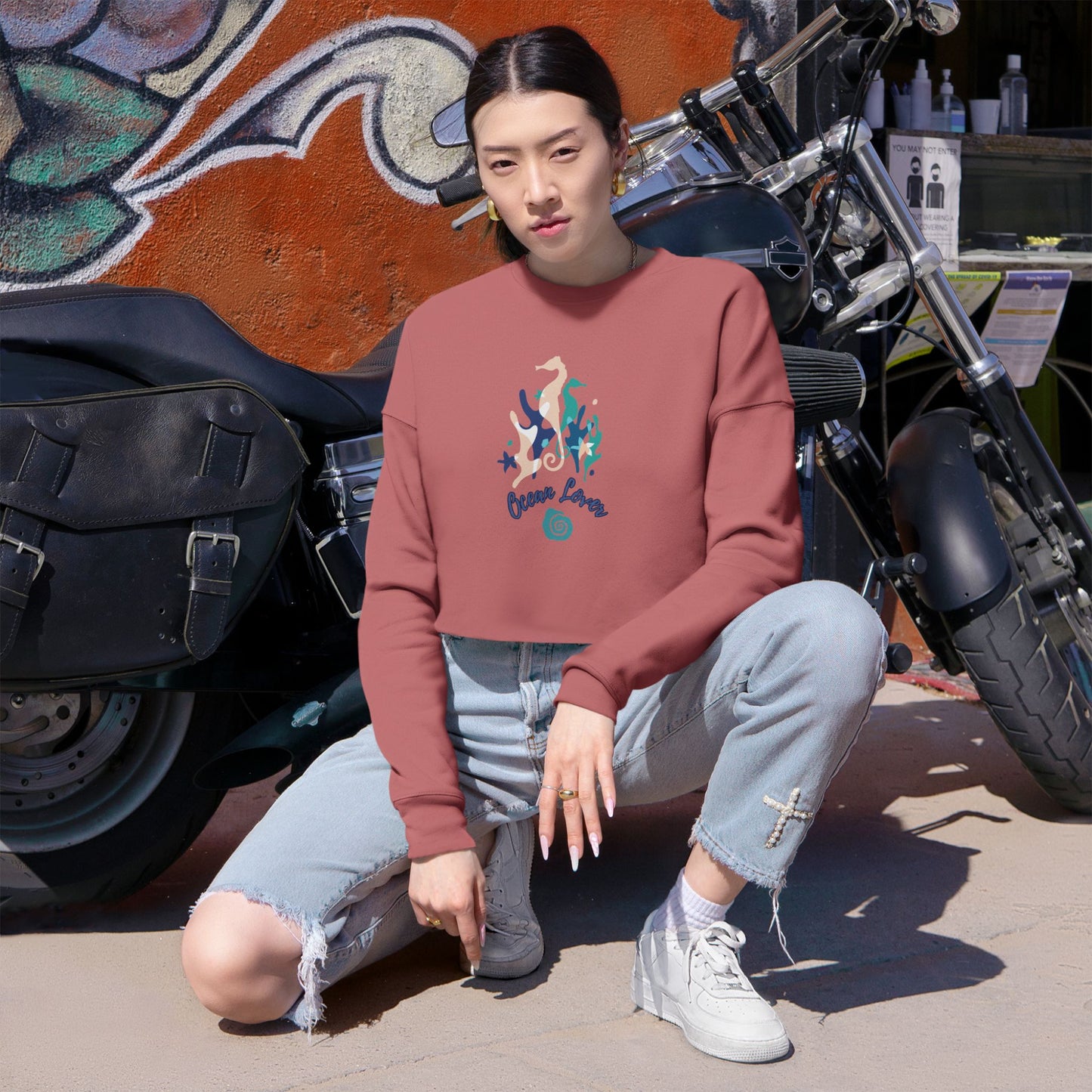 "Ocean Lover" Sea Horse & Coral Cropped Sweatshirt — Women's Beachy Crop Top