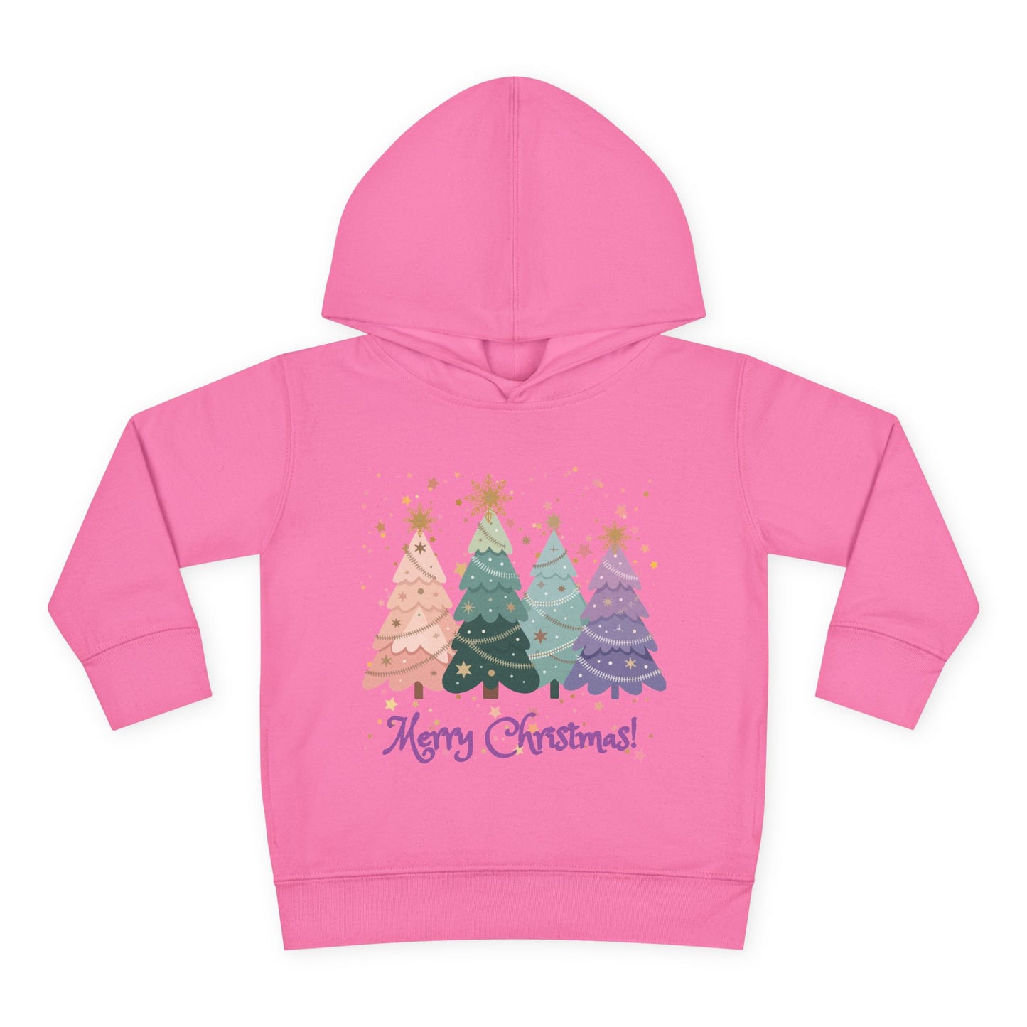 "Merry Xmas" Toddler Hoodie — Pastel Paper-Cut Christmas Trees with Gold Stars