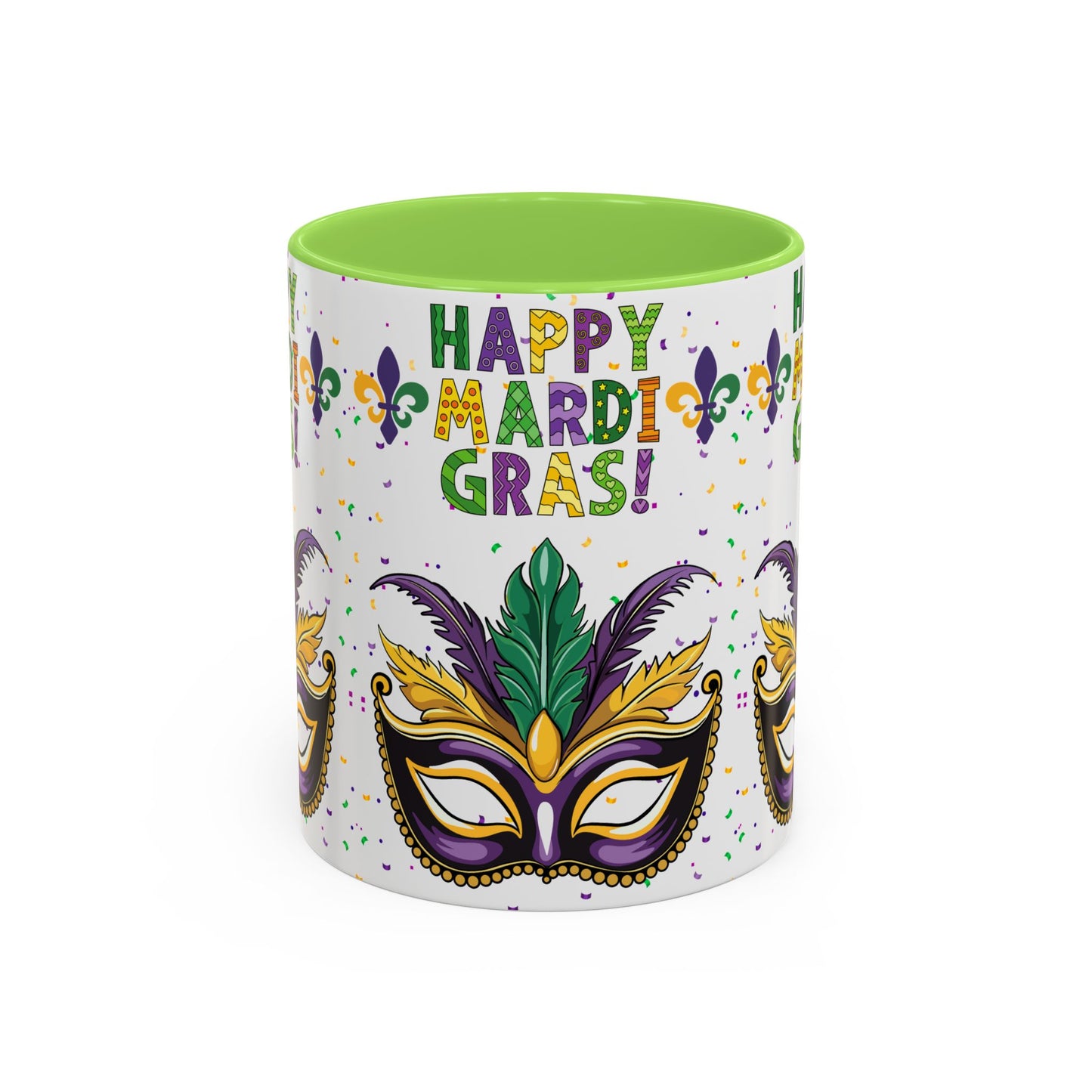 "Happy Mardi Gras" Mugs — Colorful 11oz/15oz Carnival Mask-Fleur De Lis Design White Ceramic Mugs