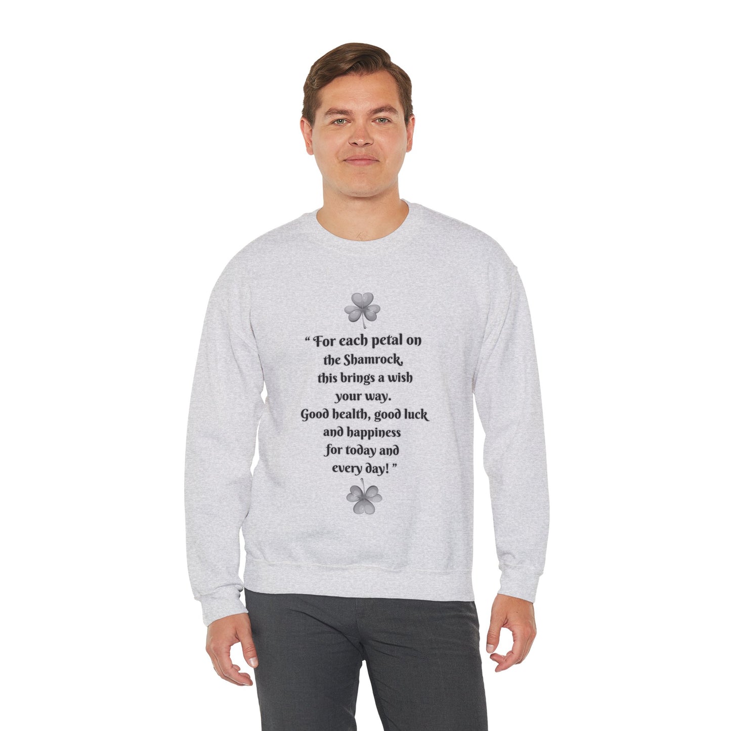 "Irish Blessing(Front)-Shamrock Wiseman(Back)", Unisex Crewneck Sweatshirt— Irish Luck Quote & Rustic Irish Wiseman Surrounded By Clover