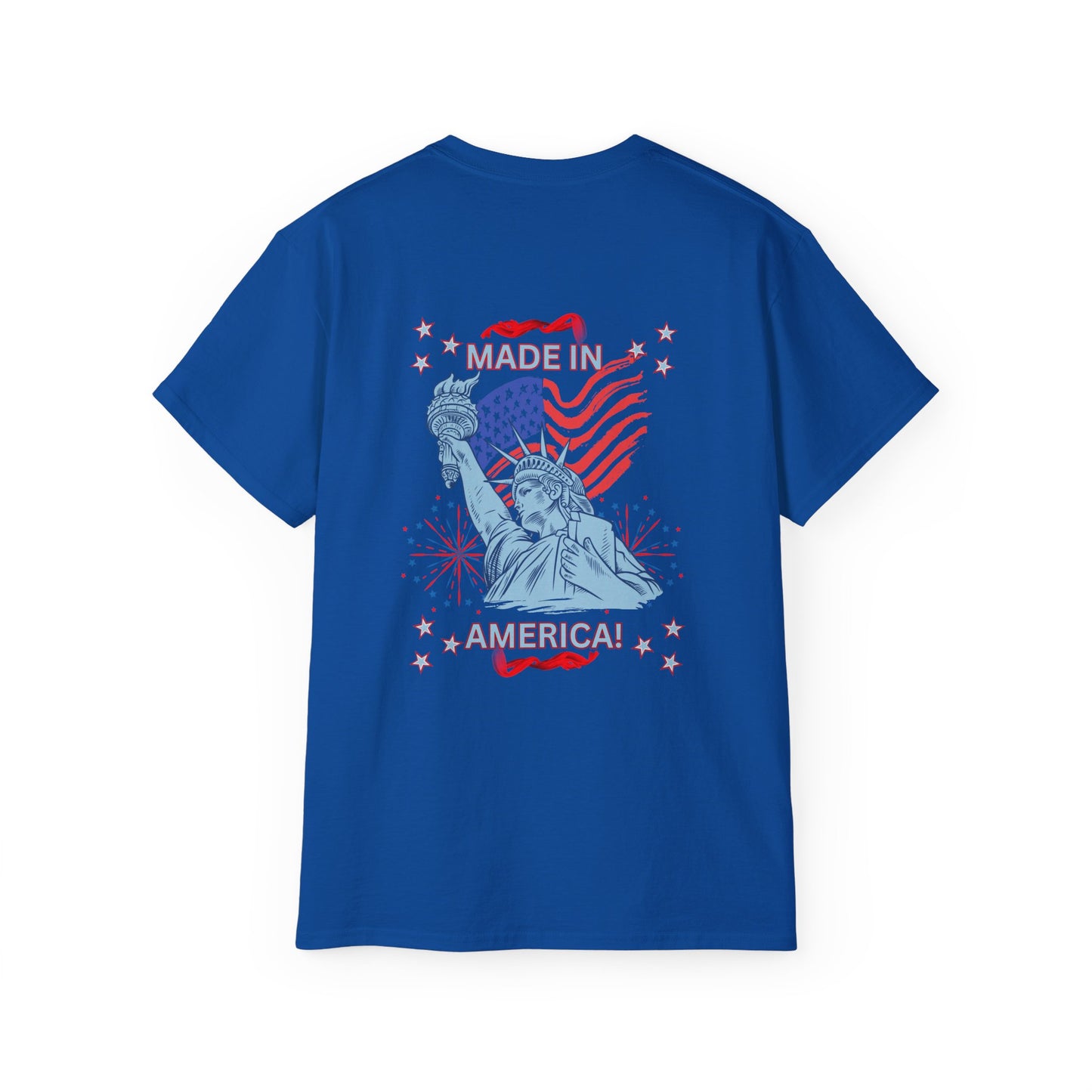 Statue of Liberty Patriotic T-Shirt — "Made In America -Happy Anniversary 1776-2026"  Front & Back Design