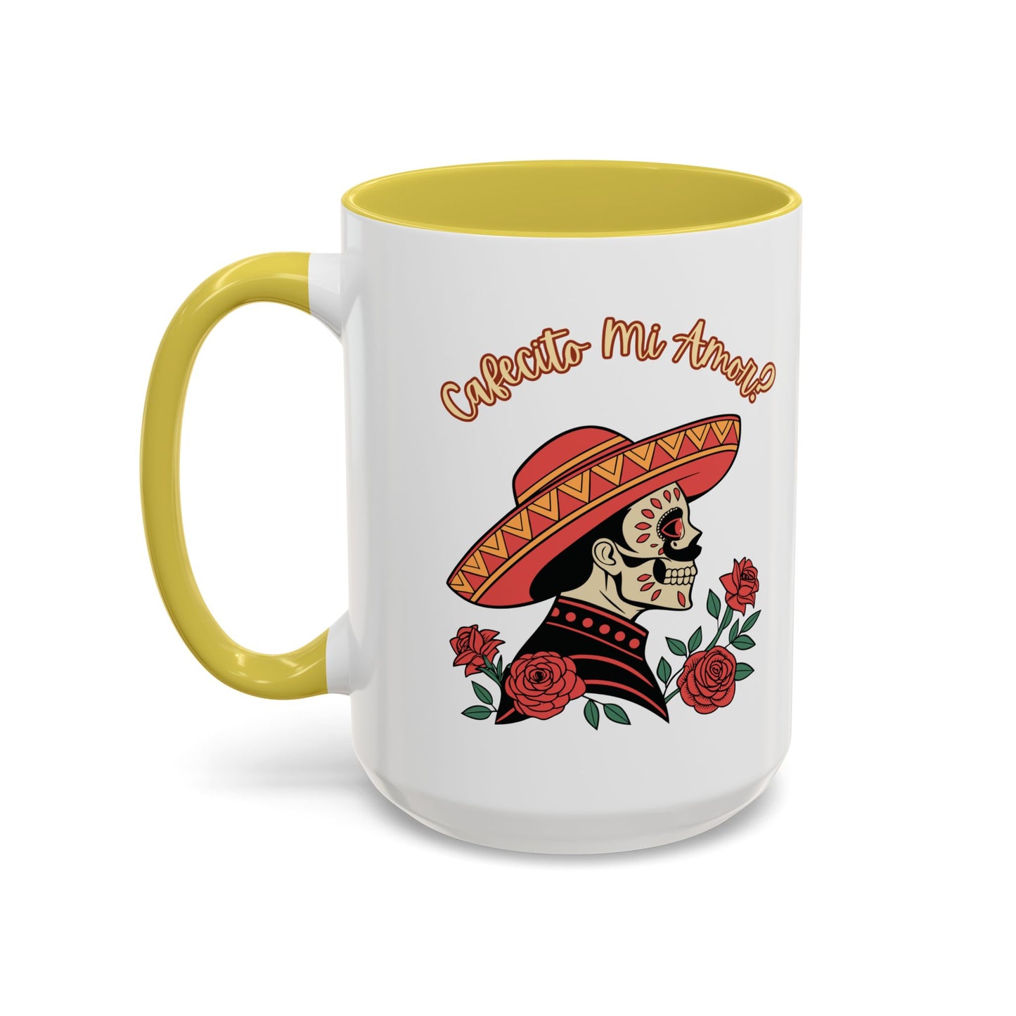"Cafecito Mi Amor?" -El Hombre, Sugar Skull Style, White Ceramic Mugs with Colorful Accents (11oz/15oz)
