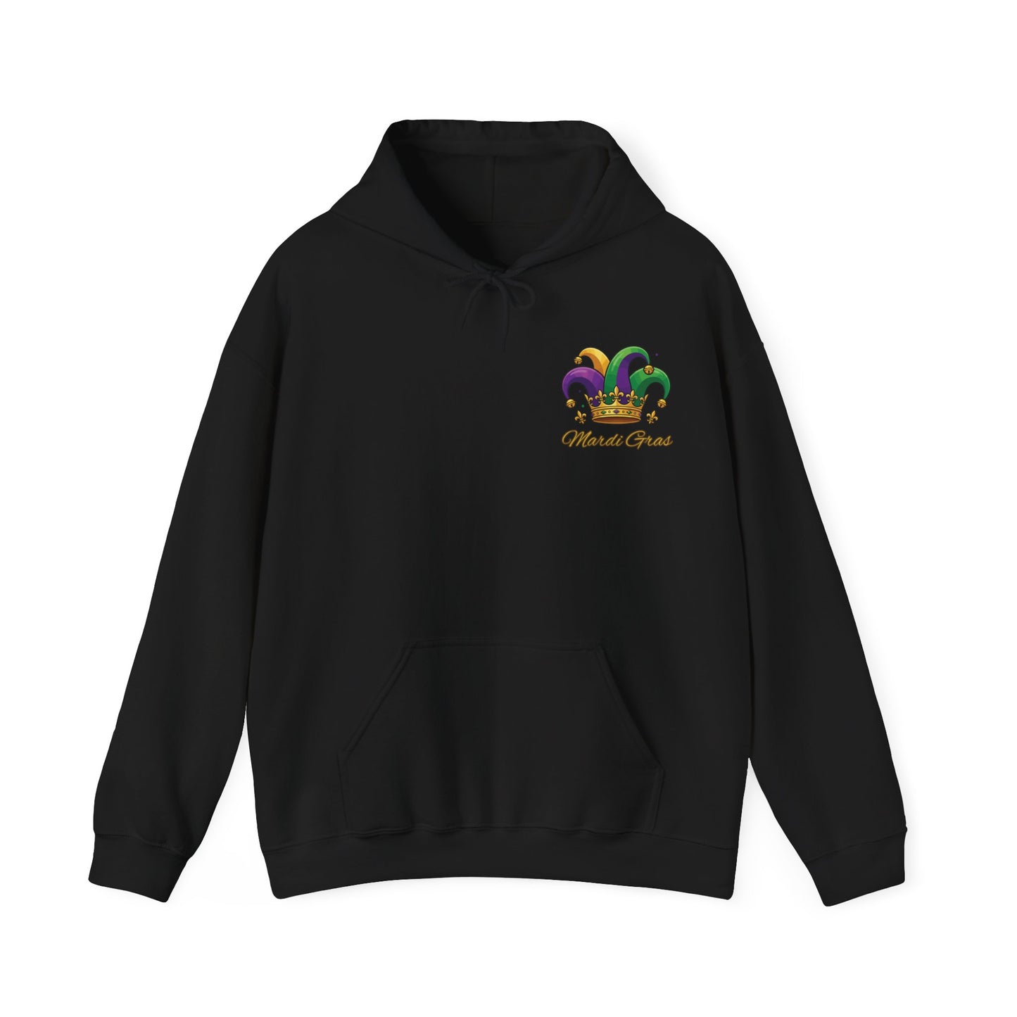 "Mardi Gras Jester Crown" Unisex Pullover Hoodie.  Festive Colorful Front Chest & Bold Back Designs Make This THE Hoodie Of Carnival Season!