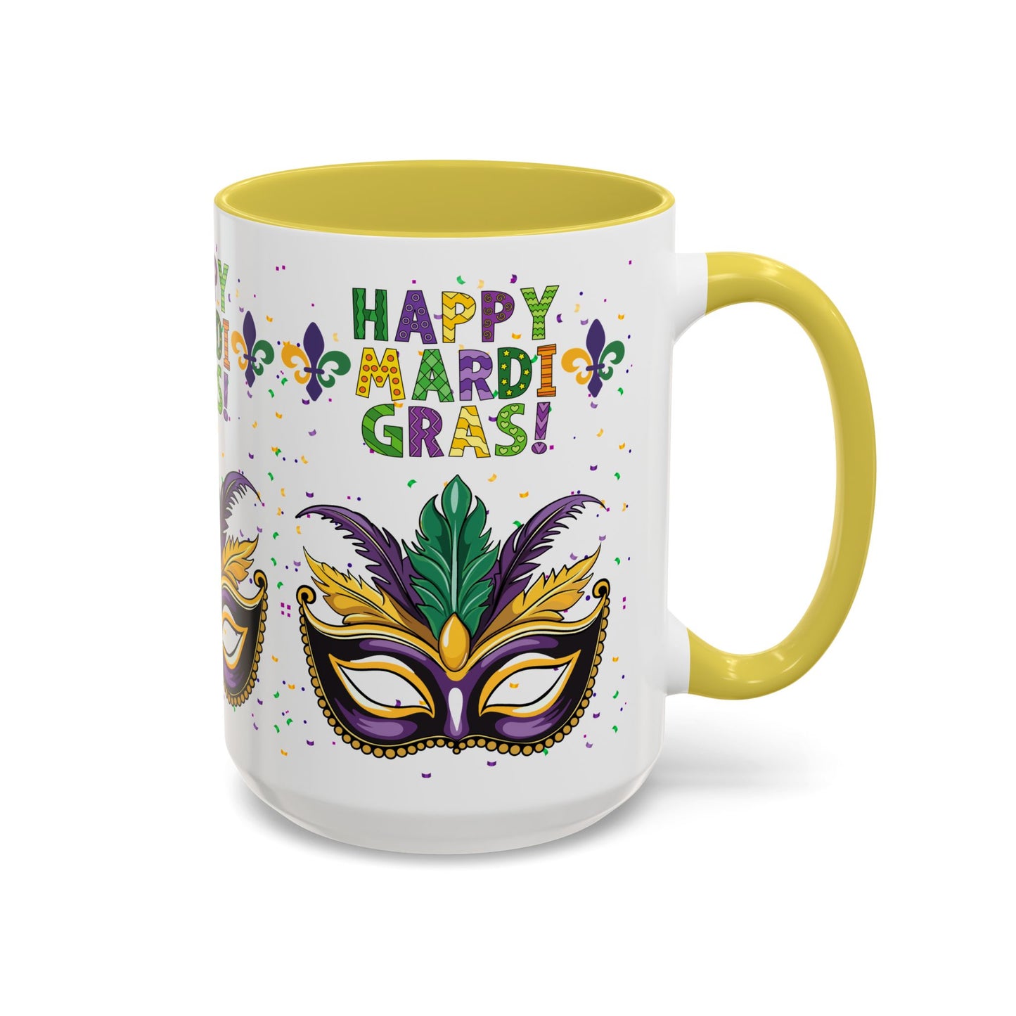 "Happy Mardi Gras" Mugs — Colorful 11oz/15oz Carnival Mask-Fleur De Lis Design White Ceramic Mugs