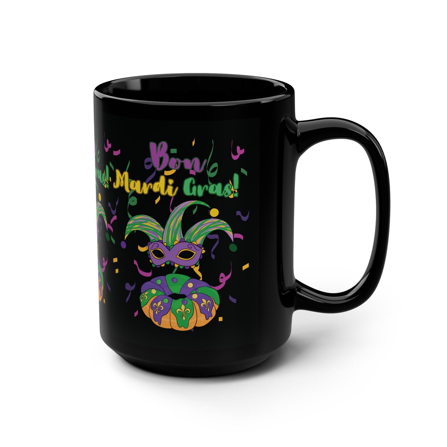 "Bon Mardi Gras" 15oz  Black Ceramic Mug, Featuring A Festive Carnival Mask & King Cake!