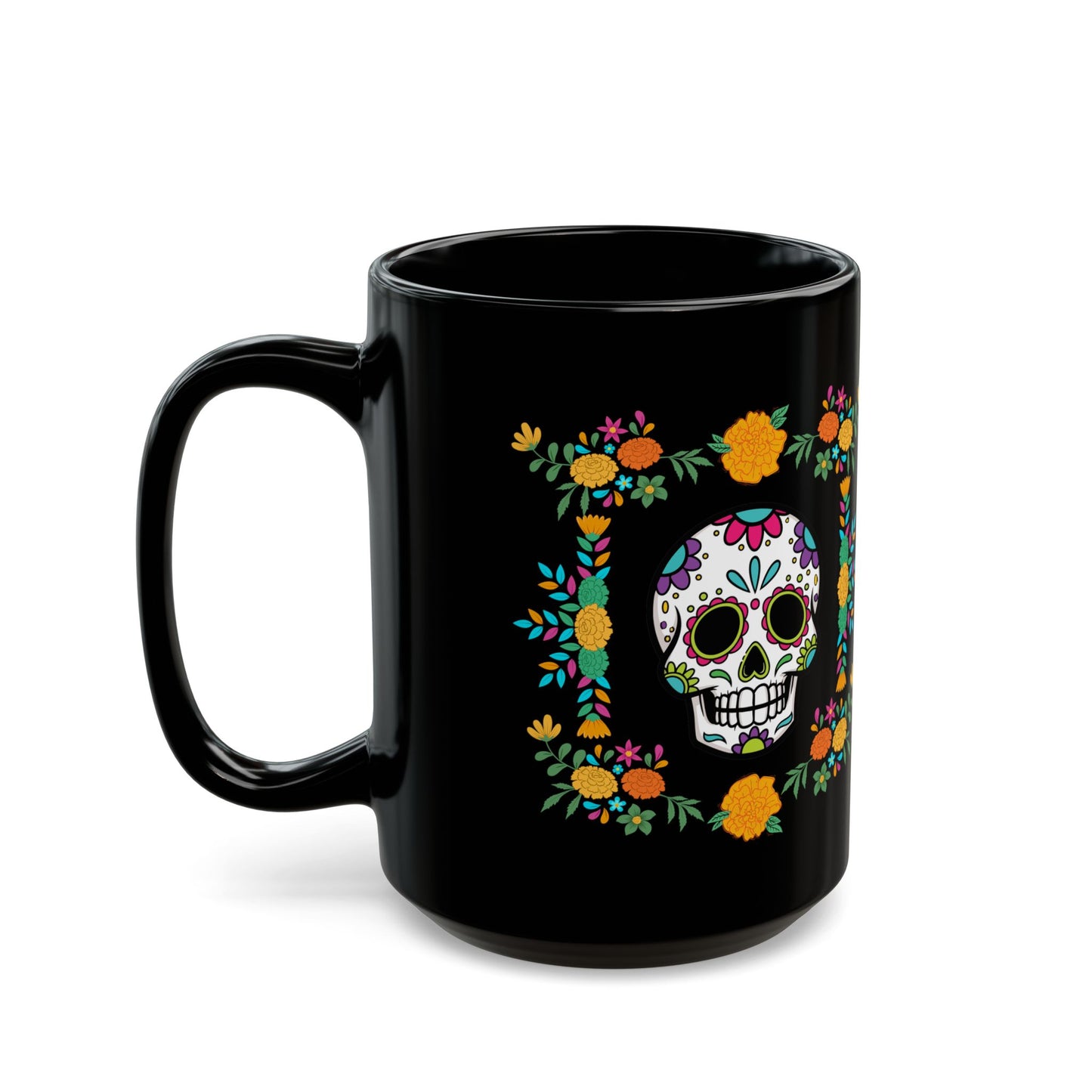 Vibrant "Sugar Skull"  Black Ceramic, 15 oz Mug. A Colorful Coffee Cup for Day of the Dead!