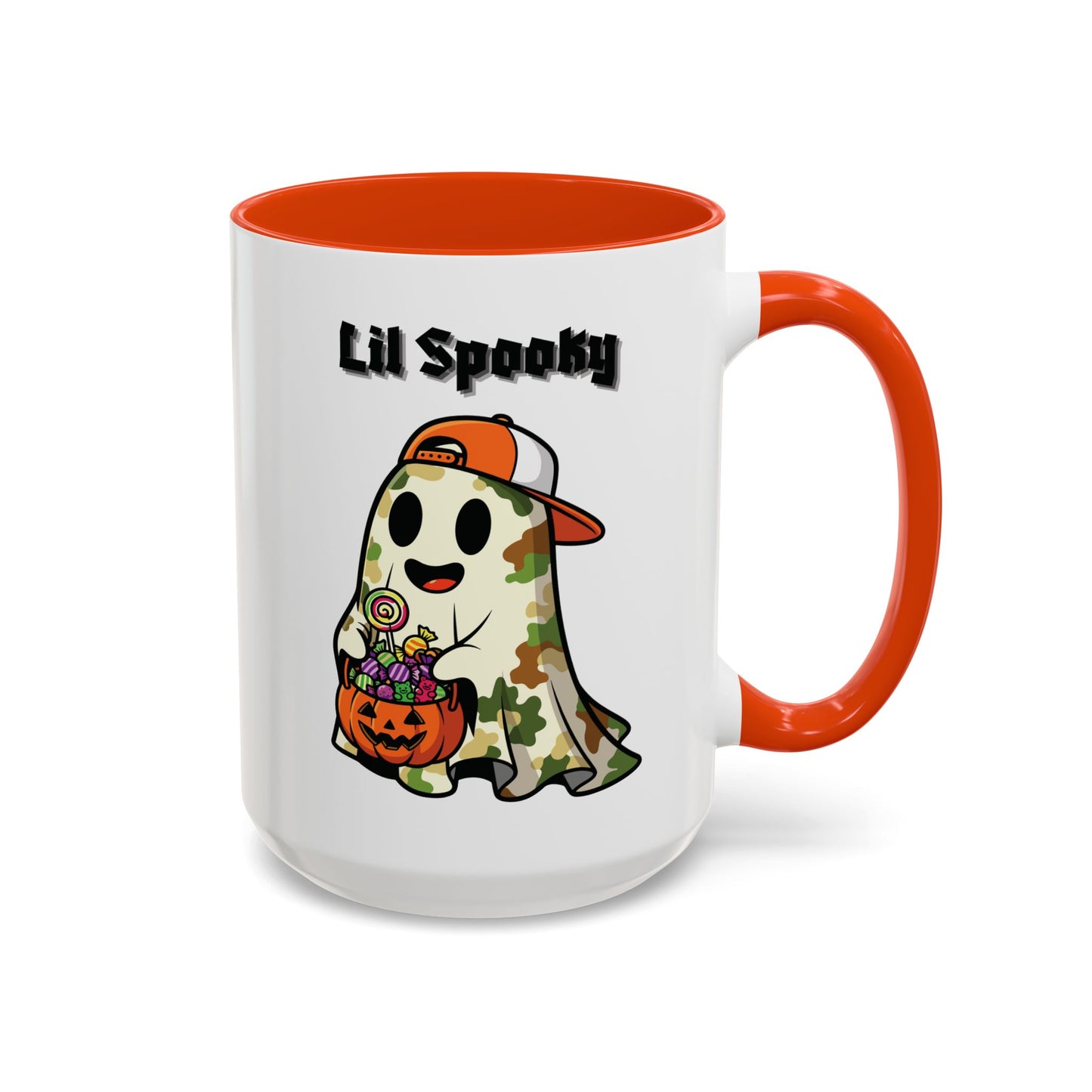 "Lil Spooky"  White Ceramic Halloween Mug With Colorful Accents — Cute Ghost Trick-or-Treat Ceramic Mug (11oz/15oz)