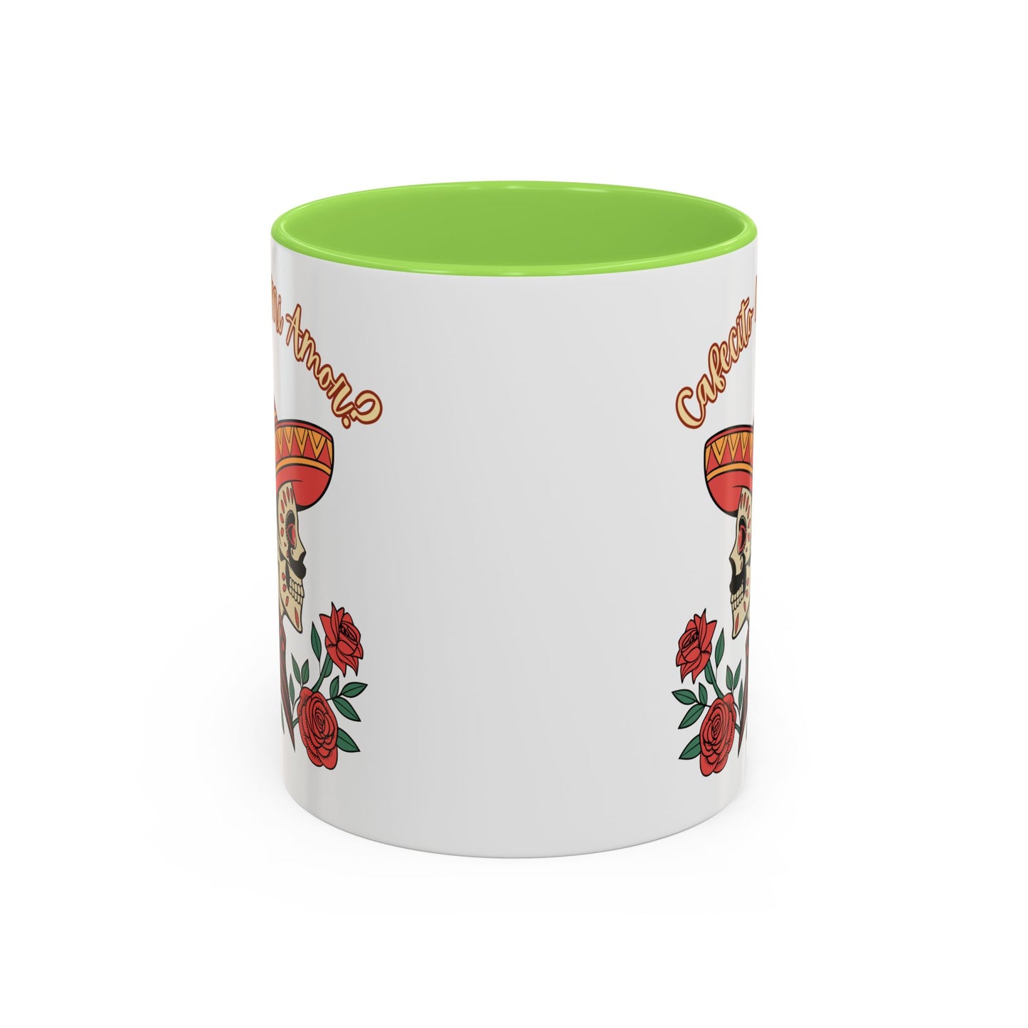 "Cafecito Mi Amor?" -El Hombre, Sugar Skull Style, White Ceramic Mugs with Colorful Accents (11oz/15oz)