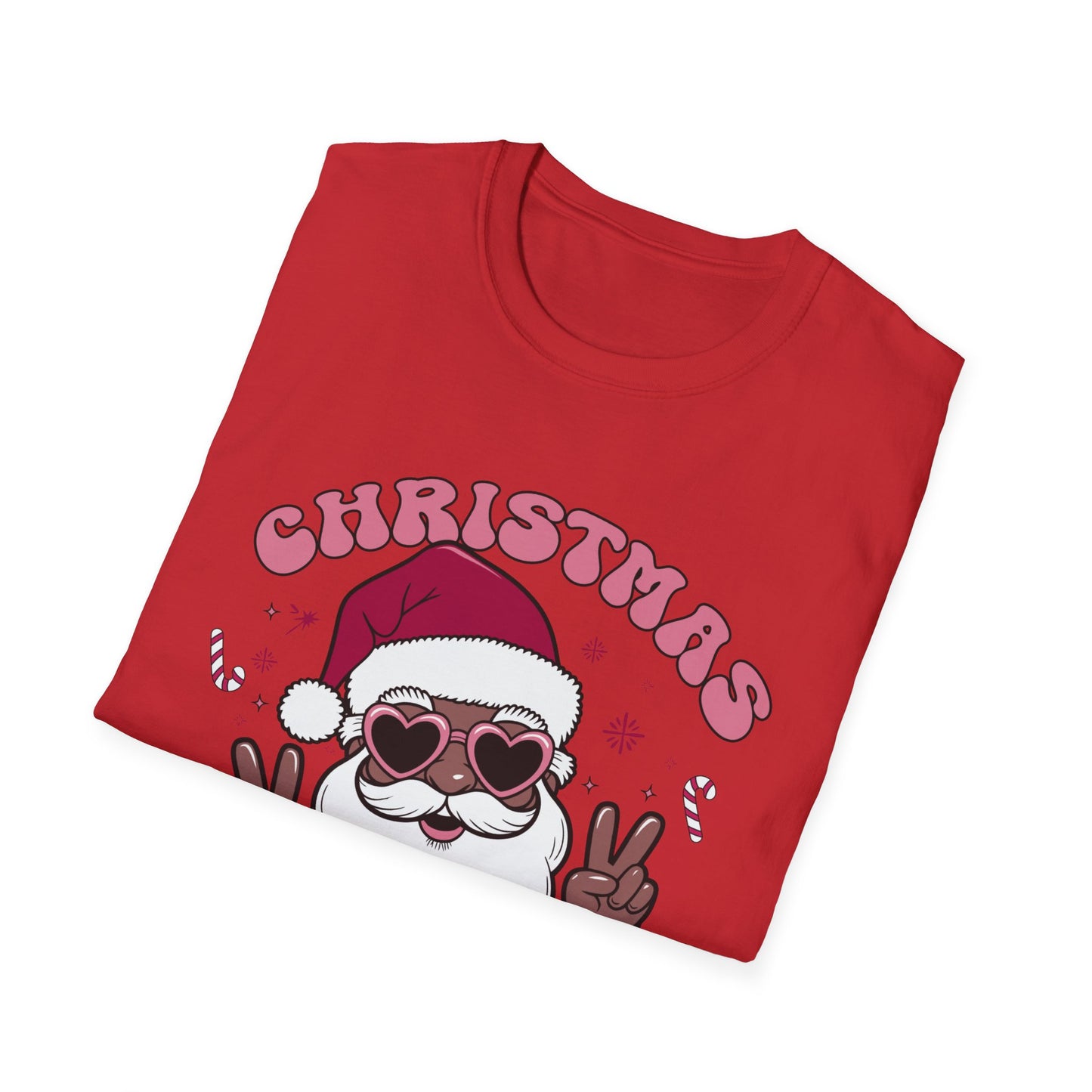 "Christmas Vibes" Unisex T-Shirt — Retro Santa Sporting Cool Sunglasses And A Peace Sign. What a Groovy Holiday Tee!