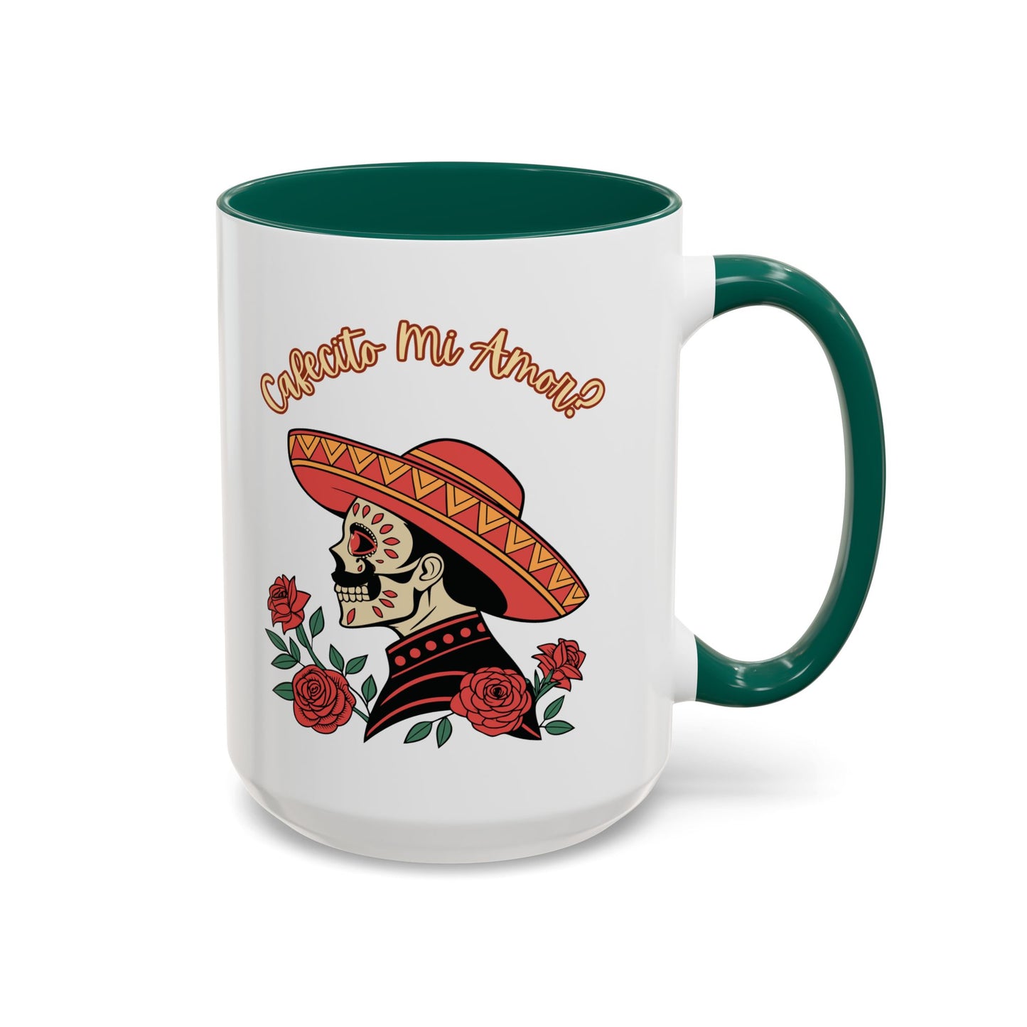 "Cafecito Mi Amor?" -El Hombre, Sugar Skull Style, White Ceramic Mugs with Colorful Accents (11oz/15oz)