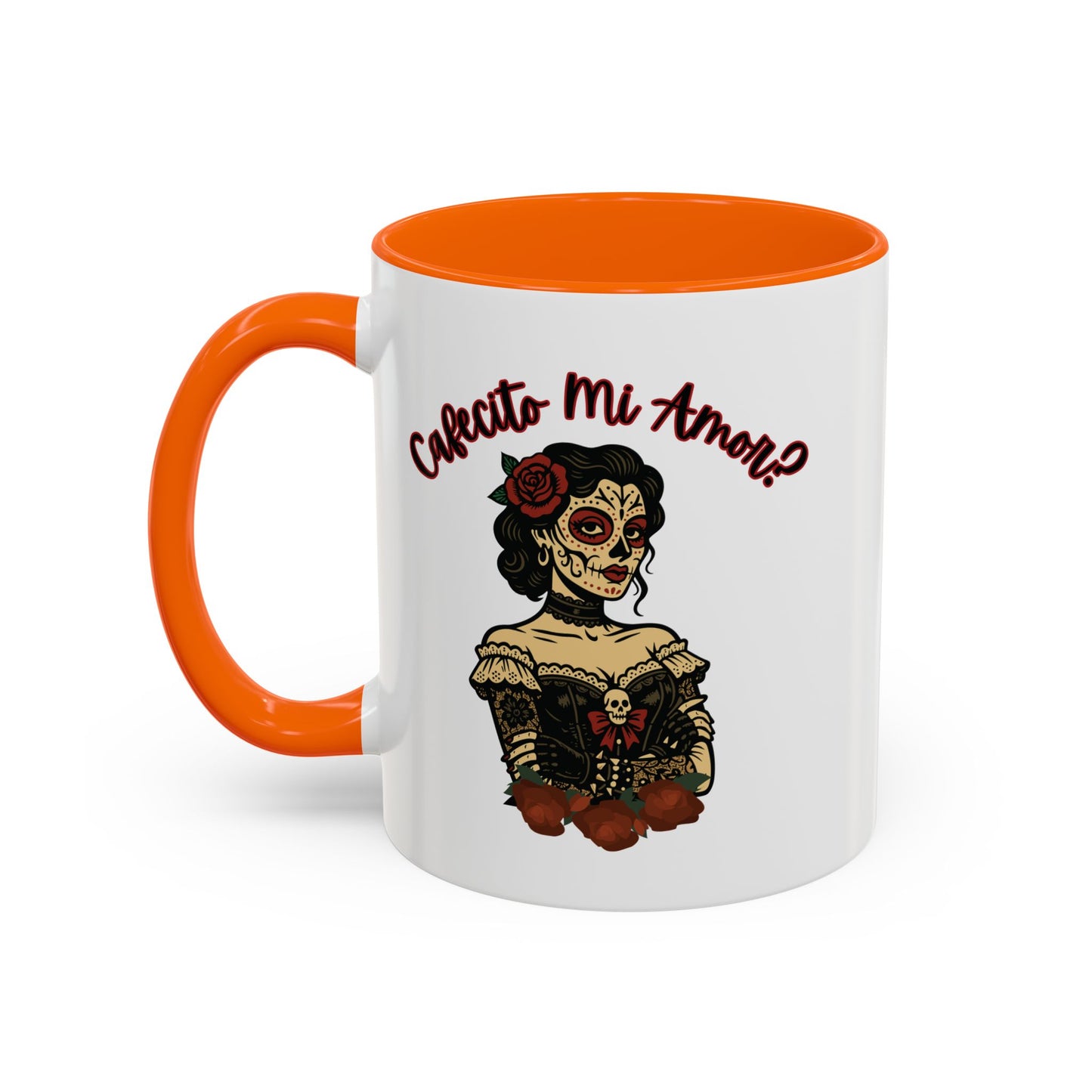 "Cafecito Mi Amor?" Sugar Skull Style , Colorful Accent, 11oz and 15oz Coffee Mug.  A great Day of the Dead  or Halloween Gift!