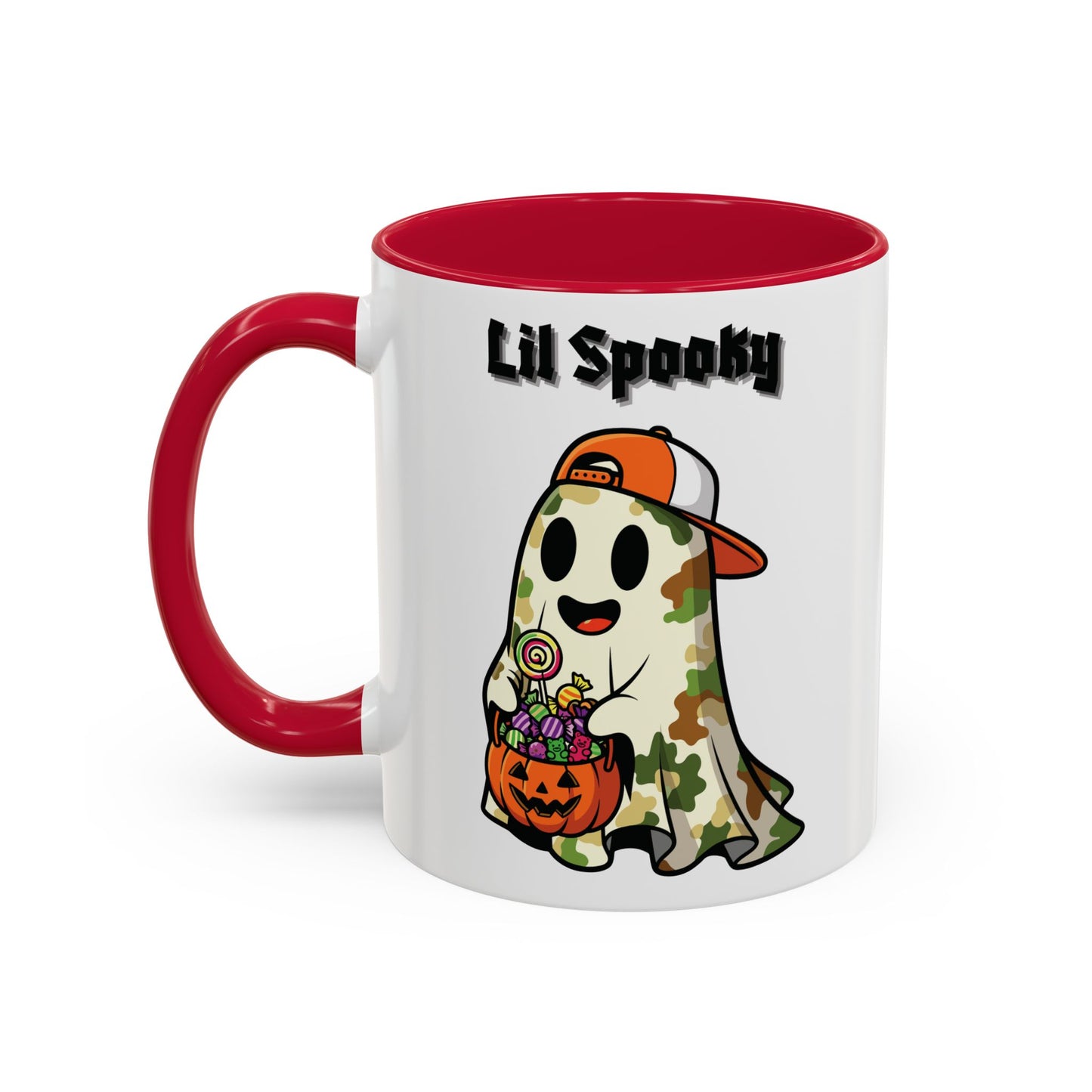 "Lil Spooky"  White Ceramic Halloween Mug With Colorful Accents — Cute Ghost Trick-or-Treat Ceramic Mug (11oz/15oz)