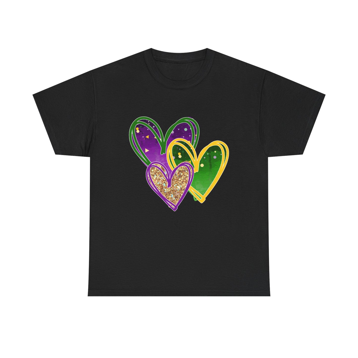"Mardi Gras Hearts"  Unisex Adult Cotton Tee — Purple, Gold & Green Carnival Shirt.  It's Time To Party!