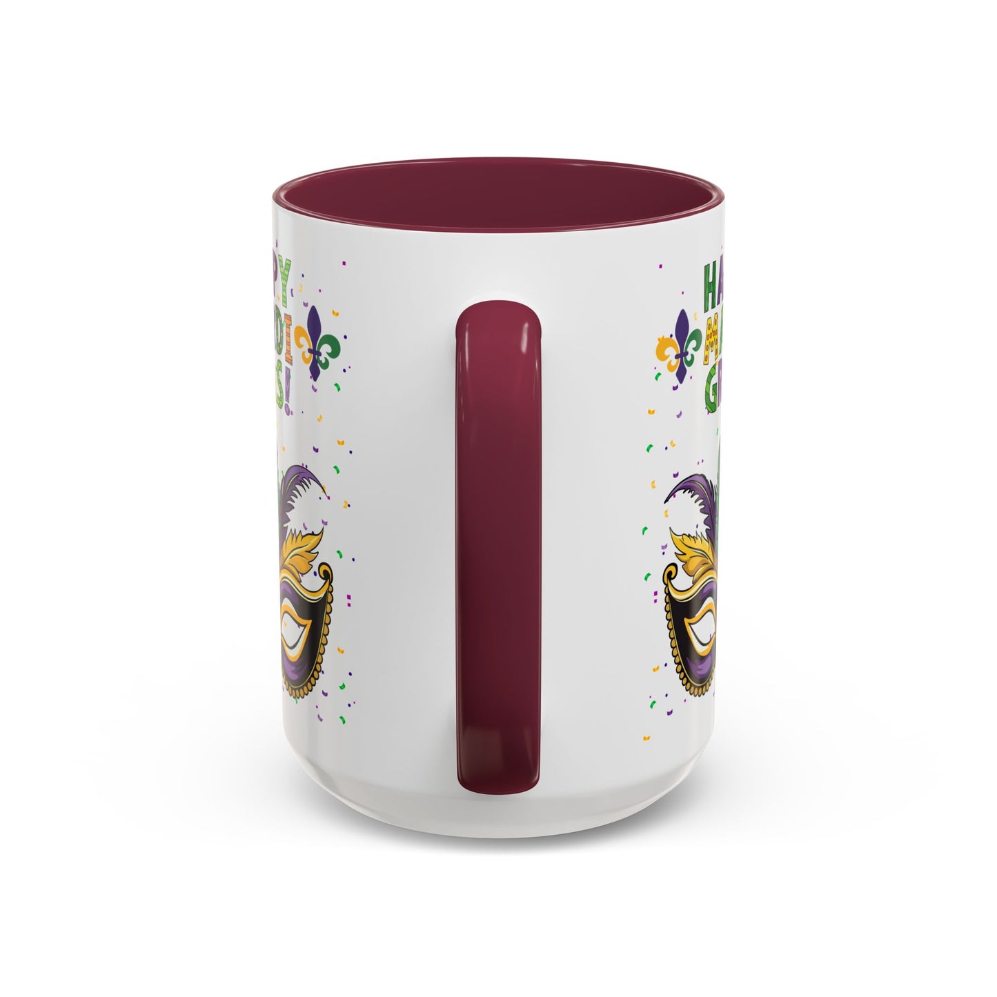 "Happy Mardi Gras" Mugs — Colorful 11oz/15oz Carnival Mask-Fleur De Lis Design White Ceramic Mugs