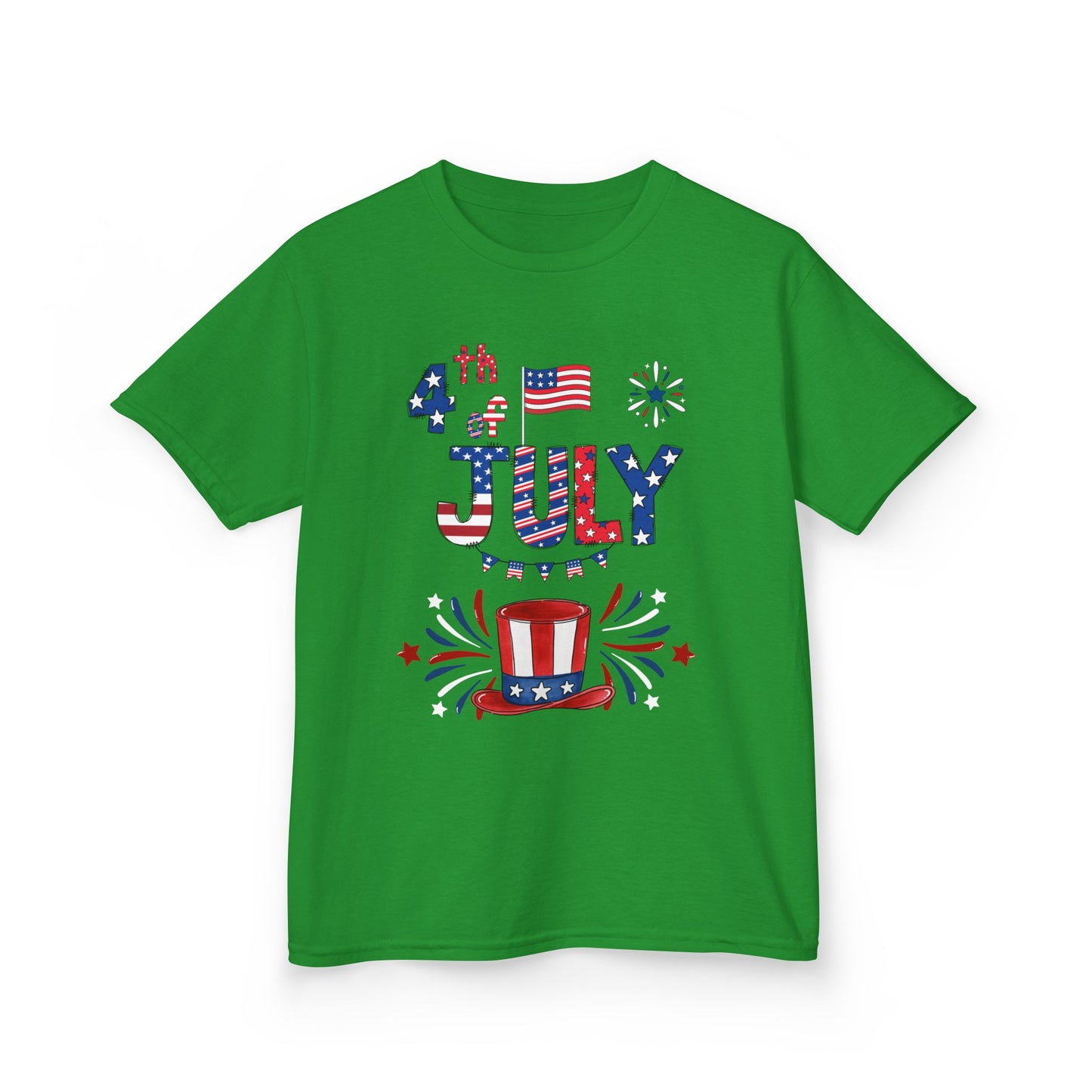 Kids "4th of July" Patriotic Boxy Tee — Celebrate This Special Day With Fireworks & A Vibrant Uncle Sam Hat!