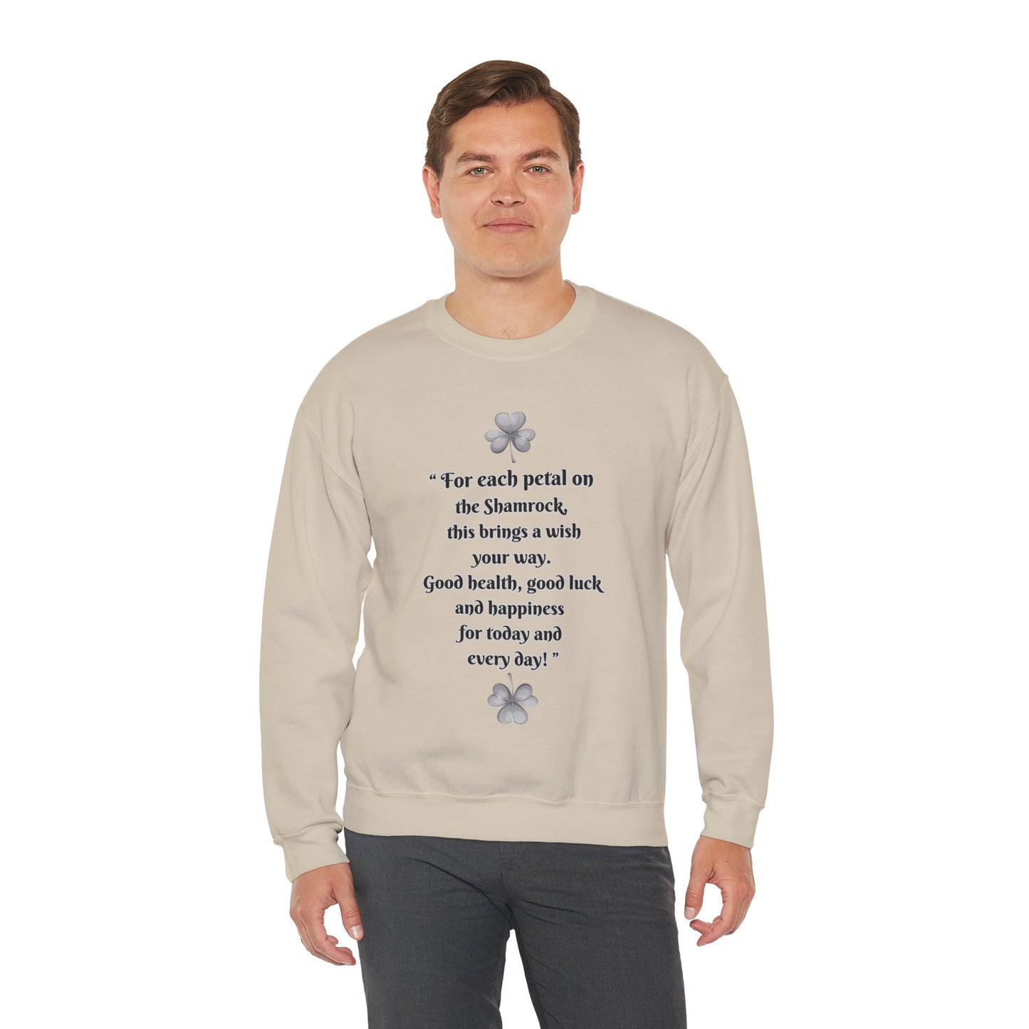 "Irish Blessing(Front)-Shamrock Wiseman(Back)", Unisex Crewneck Sweatshirt— Irish Luck Quote & Rustic Irish Wiseman Surrounded By Clover