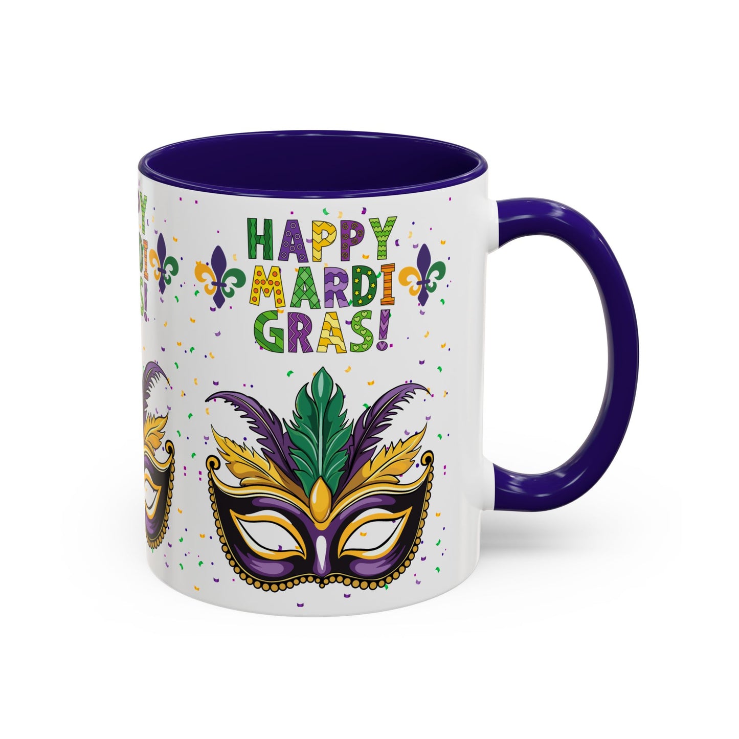 "Happy Mardi Gras Mask" White Ceramic 11oz Mugs With Colorful Accents.  Enjoy The Carnival Season Every time You Use This Mug.