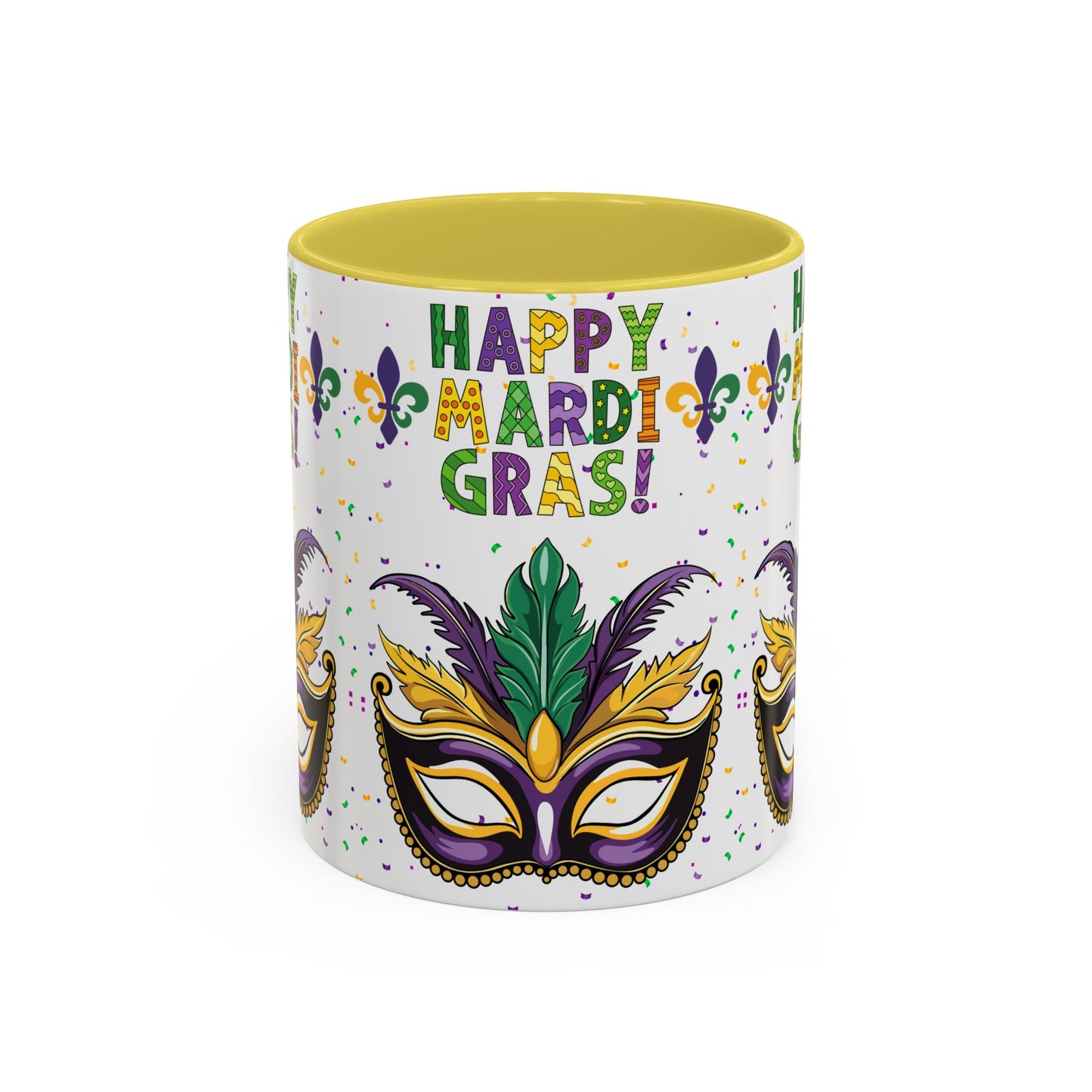 "Happy Mardi Gras" Mugs — Colorful 11oz/15oz Carnival Mask-Fleur De Lis Design White Ceramic Mugs