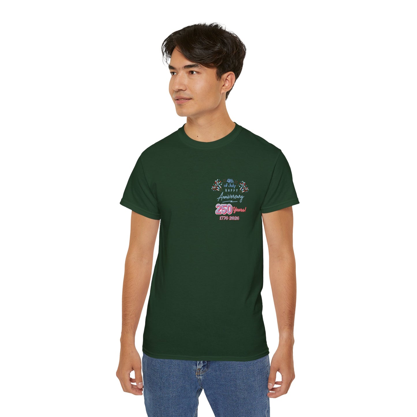 Statue of Liberty Patriotic T-Shirt — "Made In America -Happy Anniversary 1776-2026"  Front & Back Design