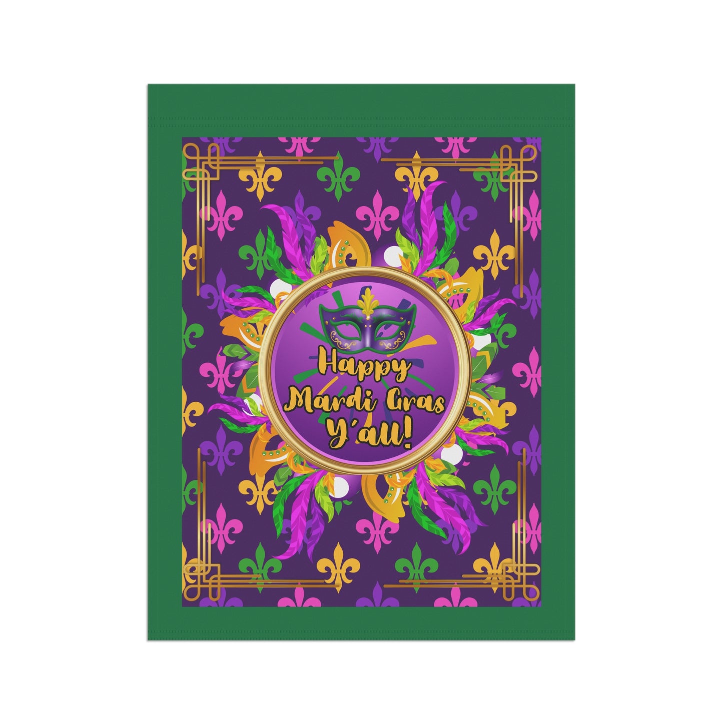 Mardi Gras Paisley Garden Banner — “Happy Mardi Gras Y’all!” Decorative House Flag-Dark Green
