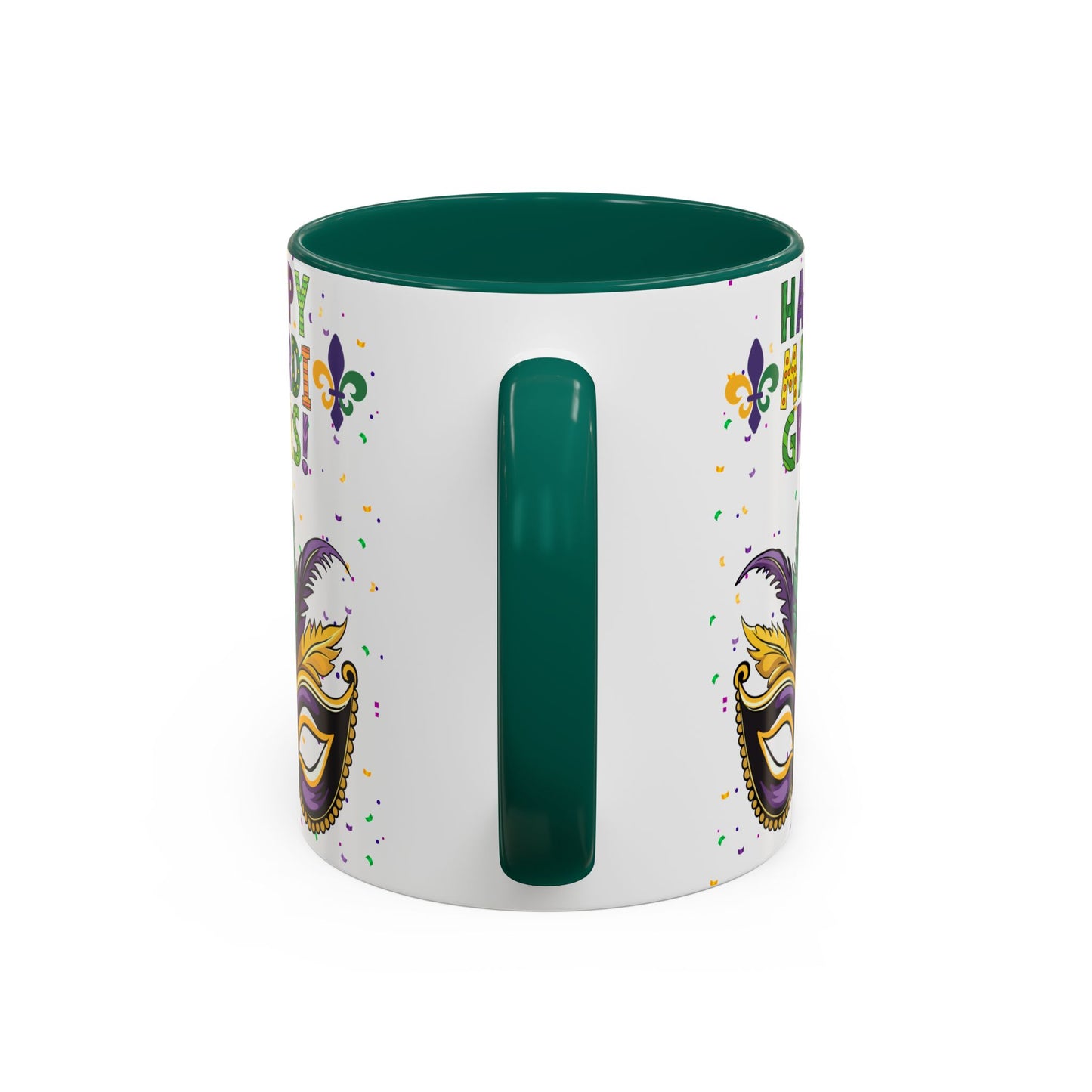 "Happy Mardi Gras" Mugs — Colorful 11oz/15oz Carnival Mask-Fleur De Lis Design White Ceramic Mugs