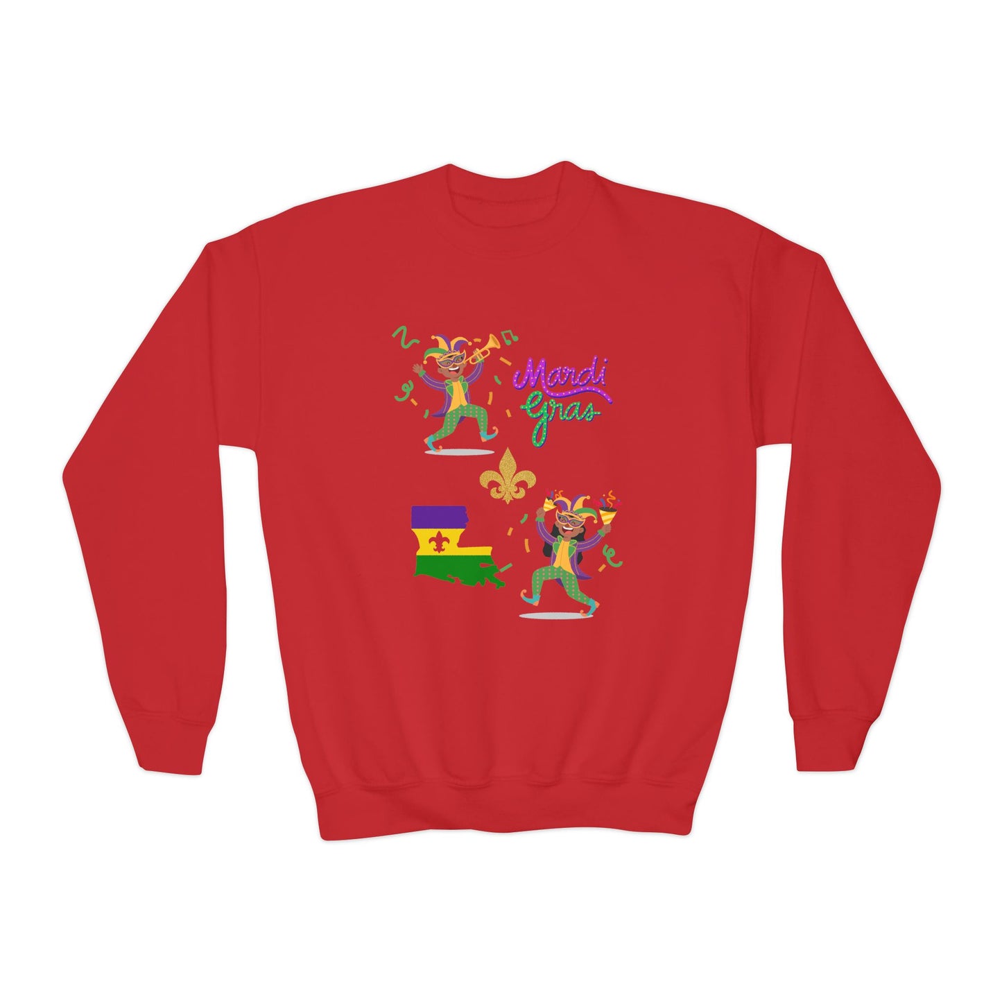 "Mardi Gras Kids" Youth Crewneck Sweatshirt — Colorful Beads, Jester Costumes & The State Of Louisiana all in Classic Mardi Gras Colors - Ready For The Parades!