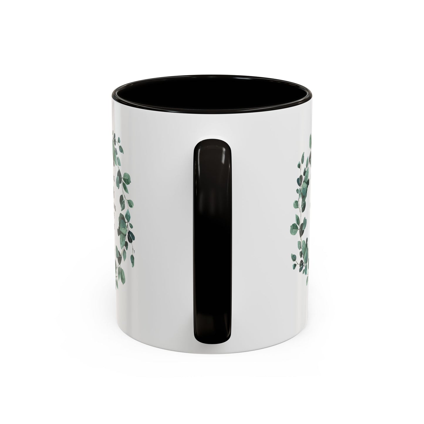 White Ceramic with Colorful Accents, Coffee Mug — “Our Jobs Made Us Coworkers…” Holiday Eucalyptus Wreath Design,11oz