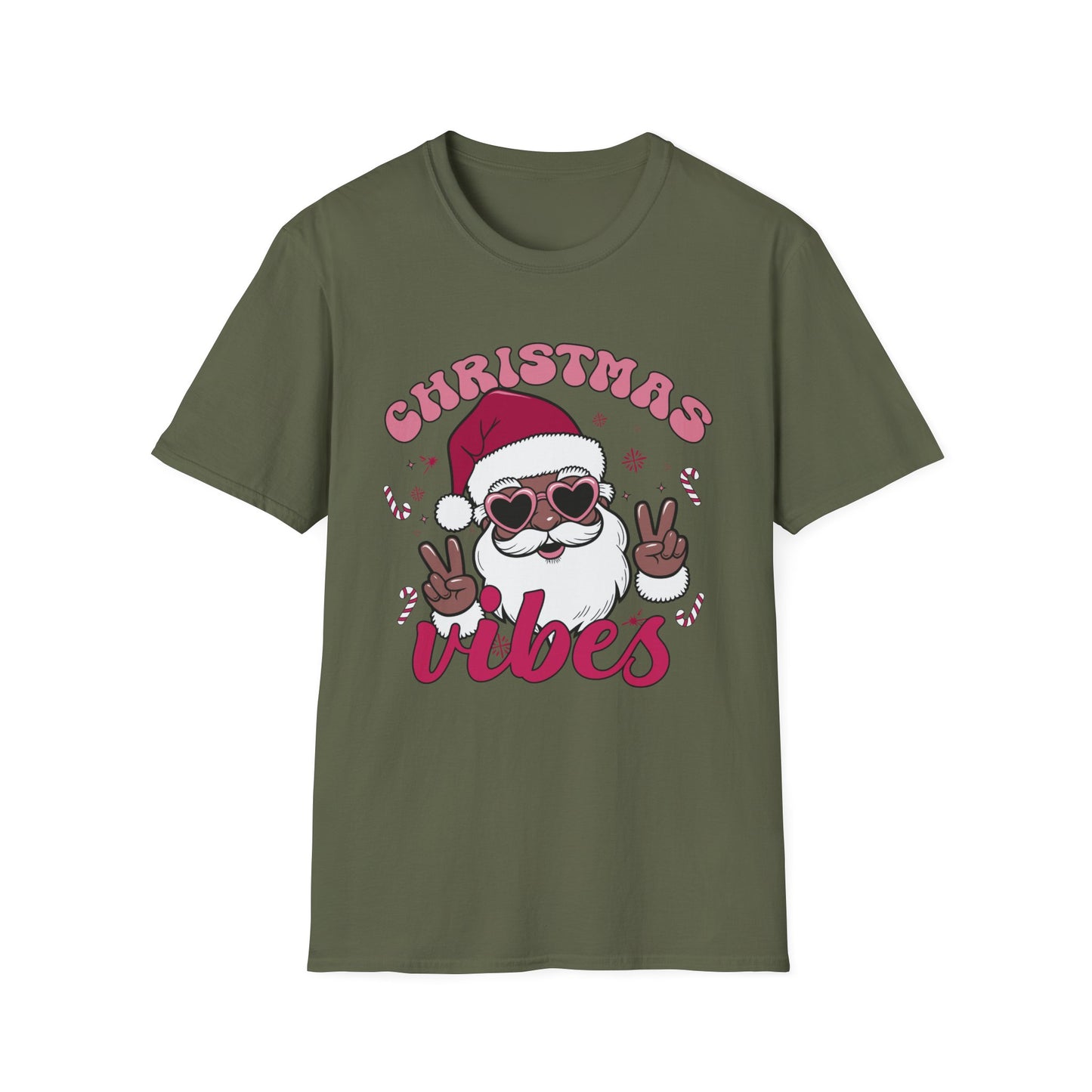 "Christmas Vibes" Unisex T-Shirt — Retro Santa Sporting Cool Sunglasses And A Peace Sign. What a Groovy Holiday Tee!