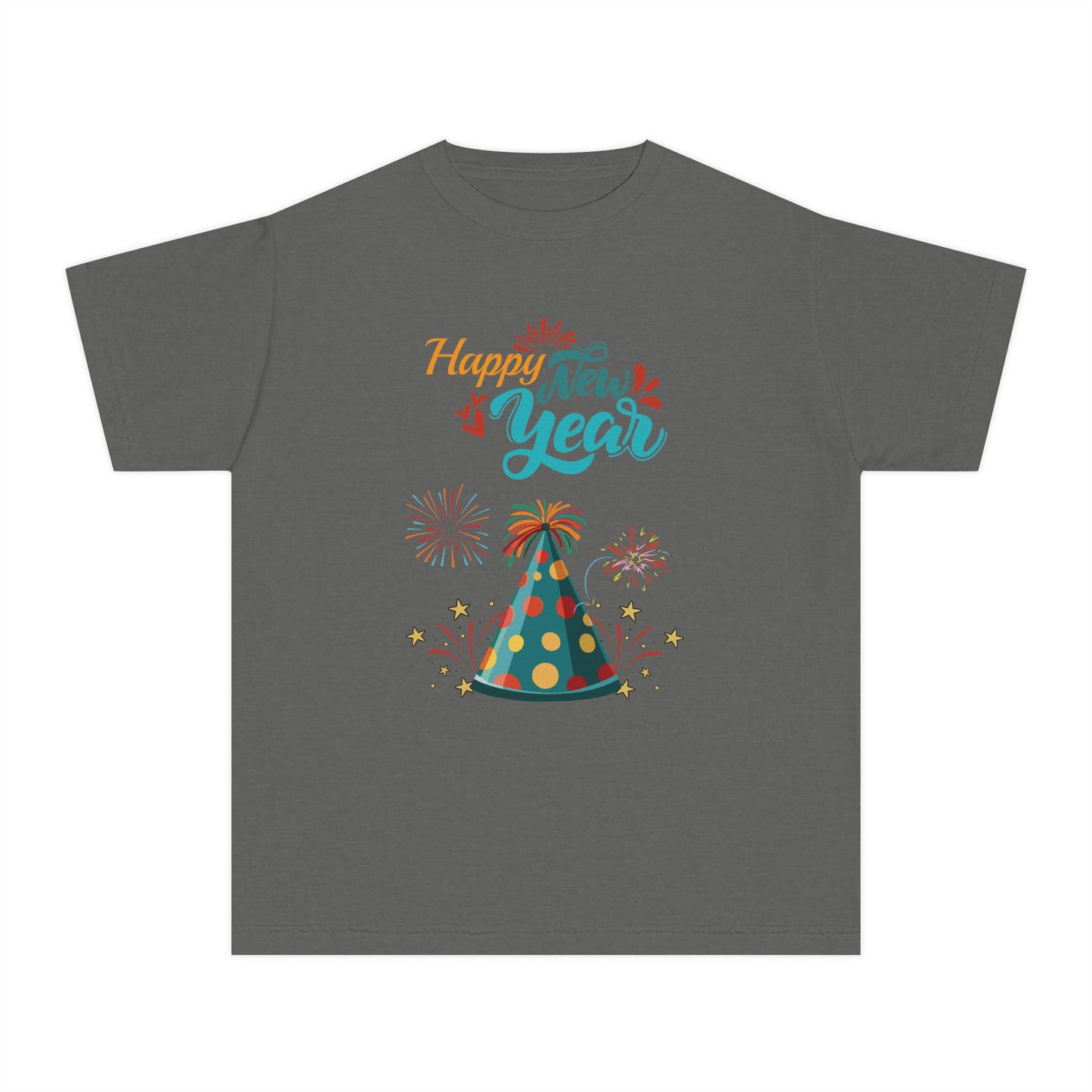 "Happy New Year -Party Hat and Fireworks" Kids/Youth T-Shirt .  A Fun, Colorful Tee For The Kids To Wear When Celebrating The New Year!