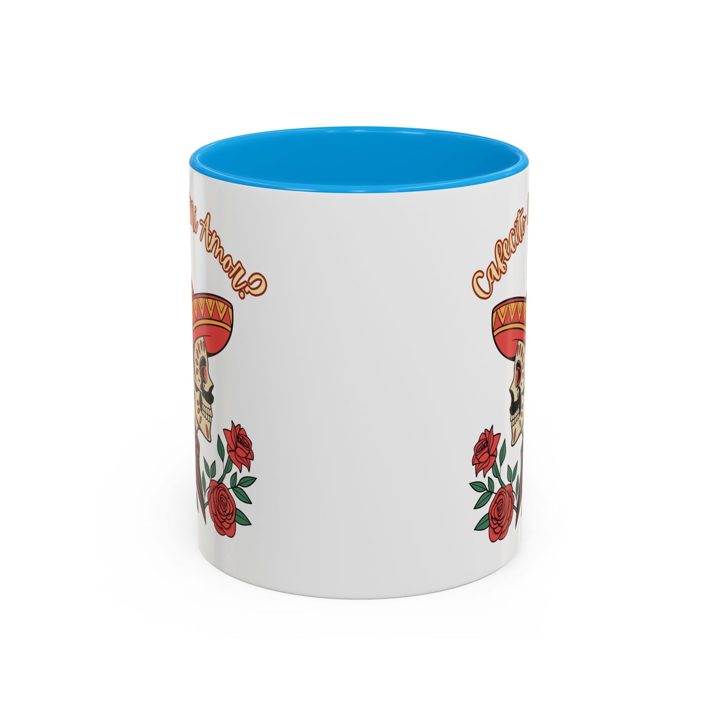 "Cafecito Mi Amor?" -El Hombre, Sugar Skull Style, White Ceramic Mugs with Colorful Accents (11oz/15oz)
