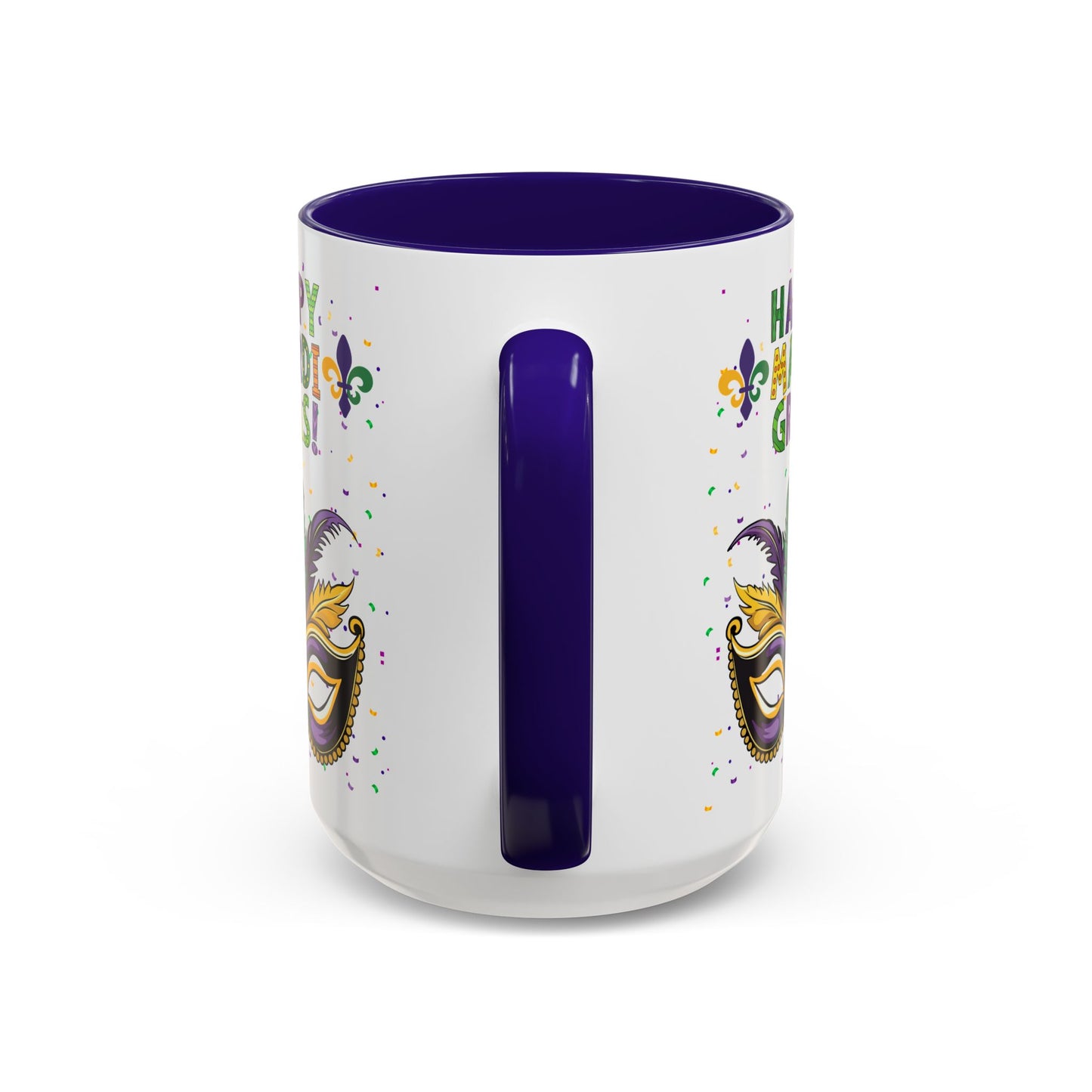 "Happy Mardi Gras" Mugs — Colorful 11oz/15oz Carnival Mask-Fleur De Lis Design White Ceramic Mugs