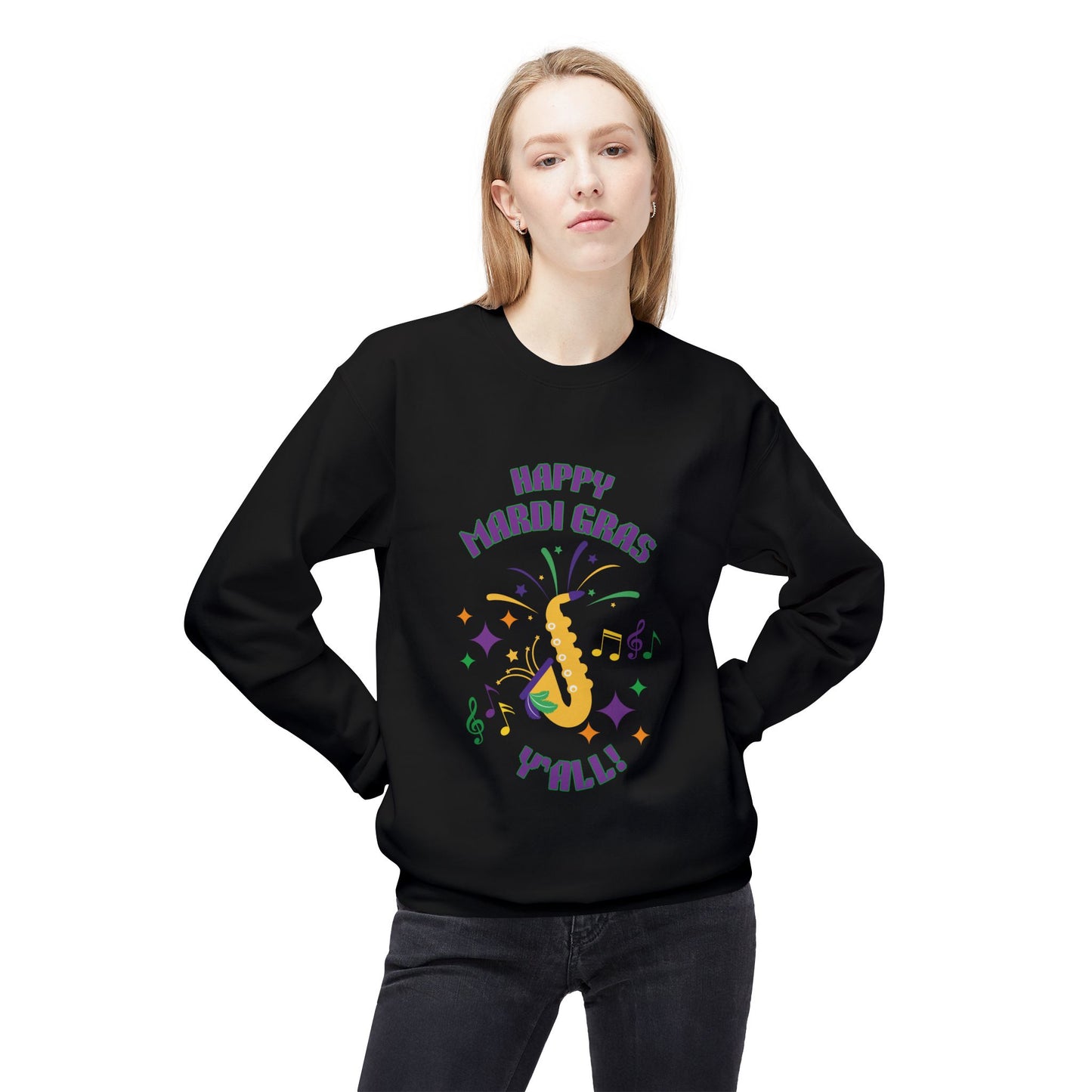 "Happy Mardi Gras Y'all"  Midweight Crewneck Sweatshirt.  Let This Colorful Unisex Sweatshirt Help You Revel In Style!