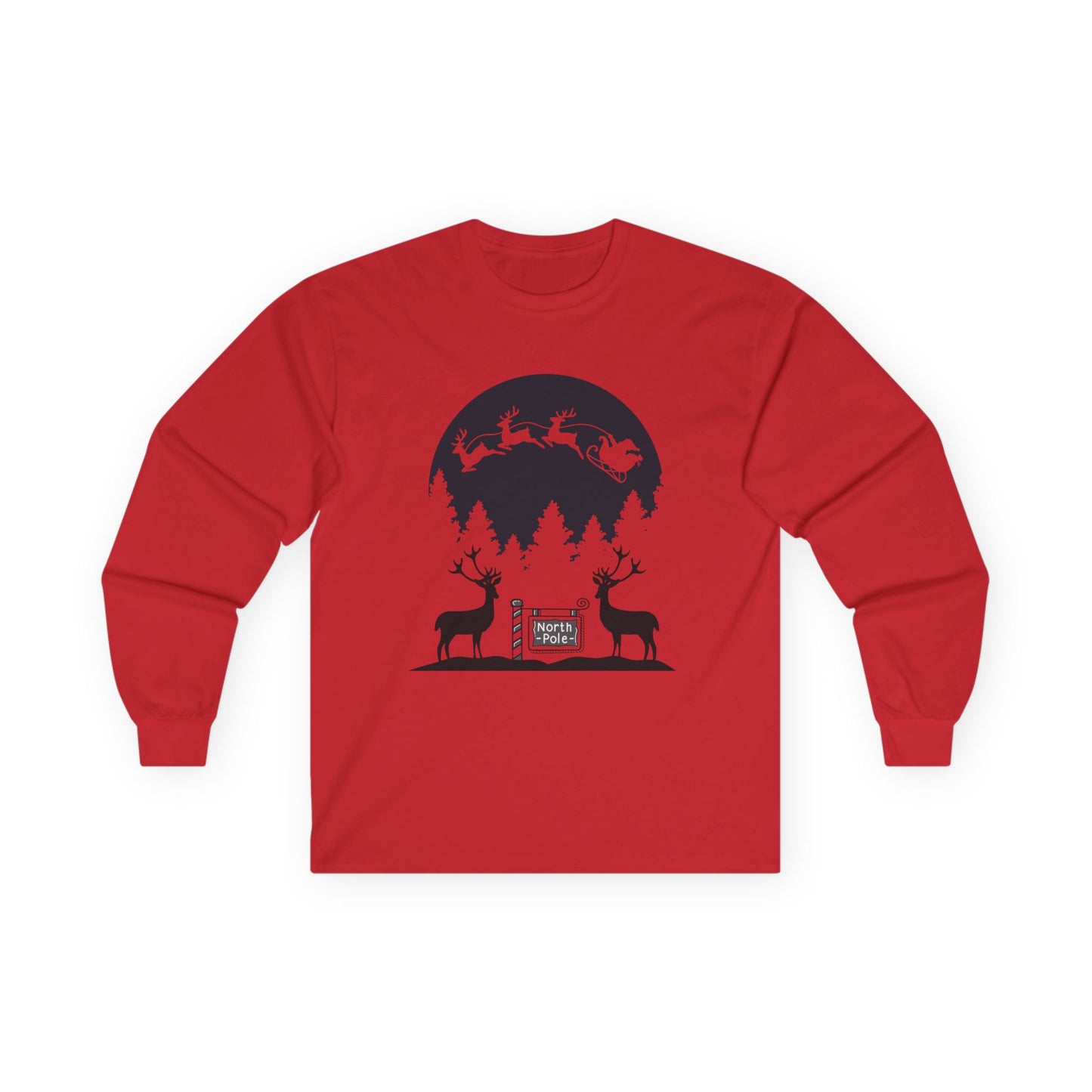 "Santa And His Reindeer" Unisex Long Sleeve Tee —A Charming, Rustic Christmas Scene with Santa, Reindeer & Forest Silhouette