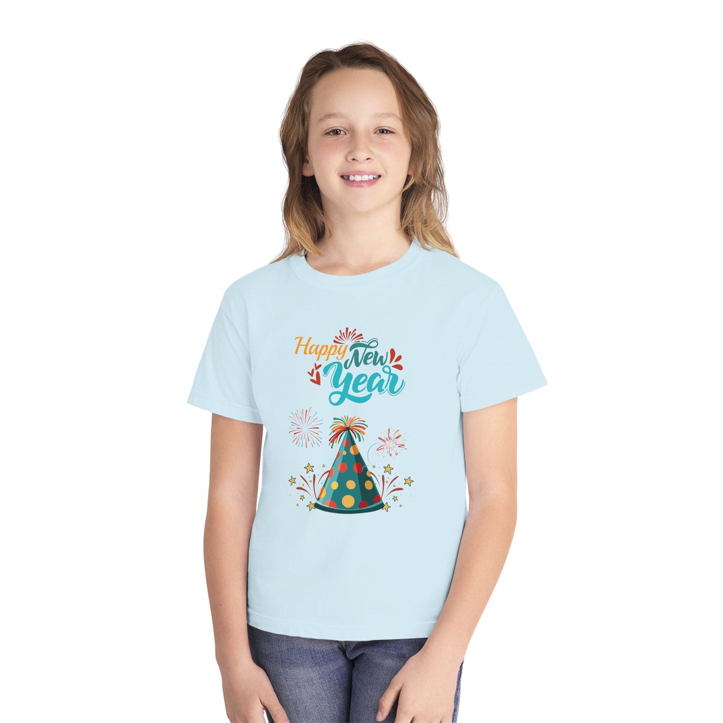 "Happy New Year -Party Hat and Fireworks" Kids/Youth T-Shirt .  A Fun, Colorful Tee For The Kids To Wear When Celebrating The New Year!
