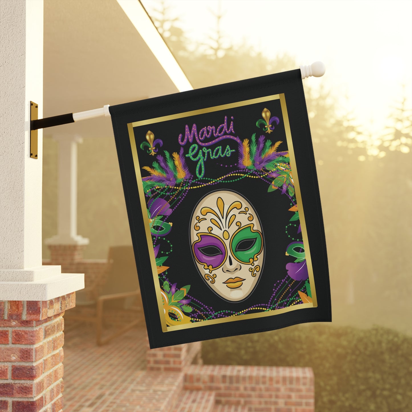 "Mardi Gras Mask",  12in x 18in  Black Garden Flag – Beautiful Beaded Mask And Carnival Colored Accents Help Celebrate Mardi Gras!