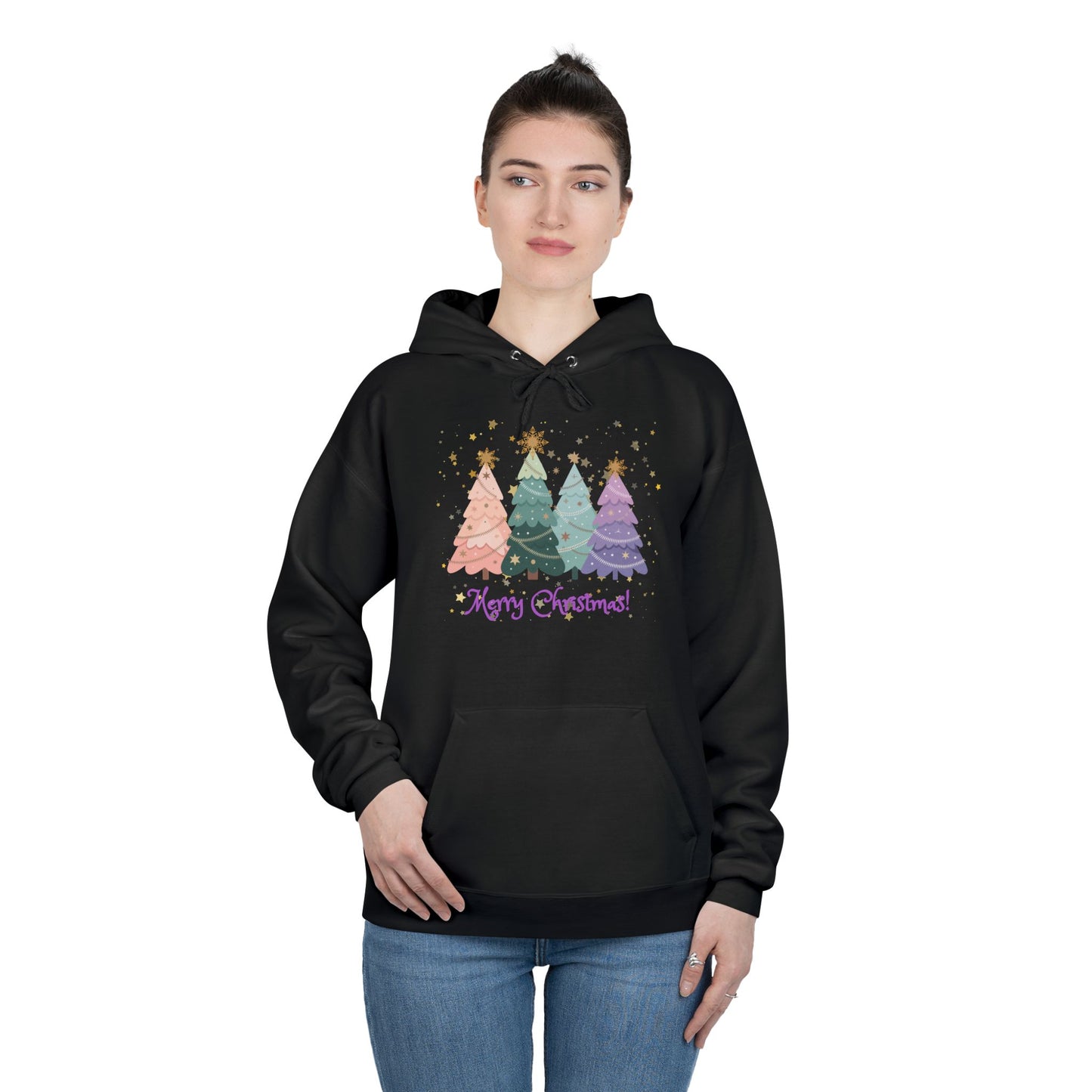 "Merry Xmas" Pastel Christmas Tree Unisex Adult  Hoodie. A Quaint, Yet Fashionable "Cut-Out Style" Xmas Tree Holiday Pullover