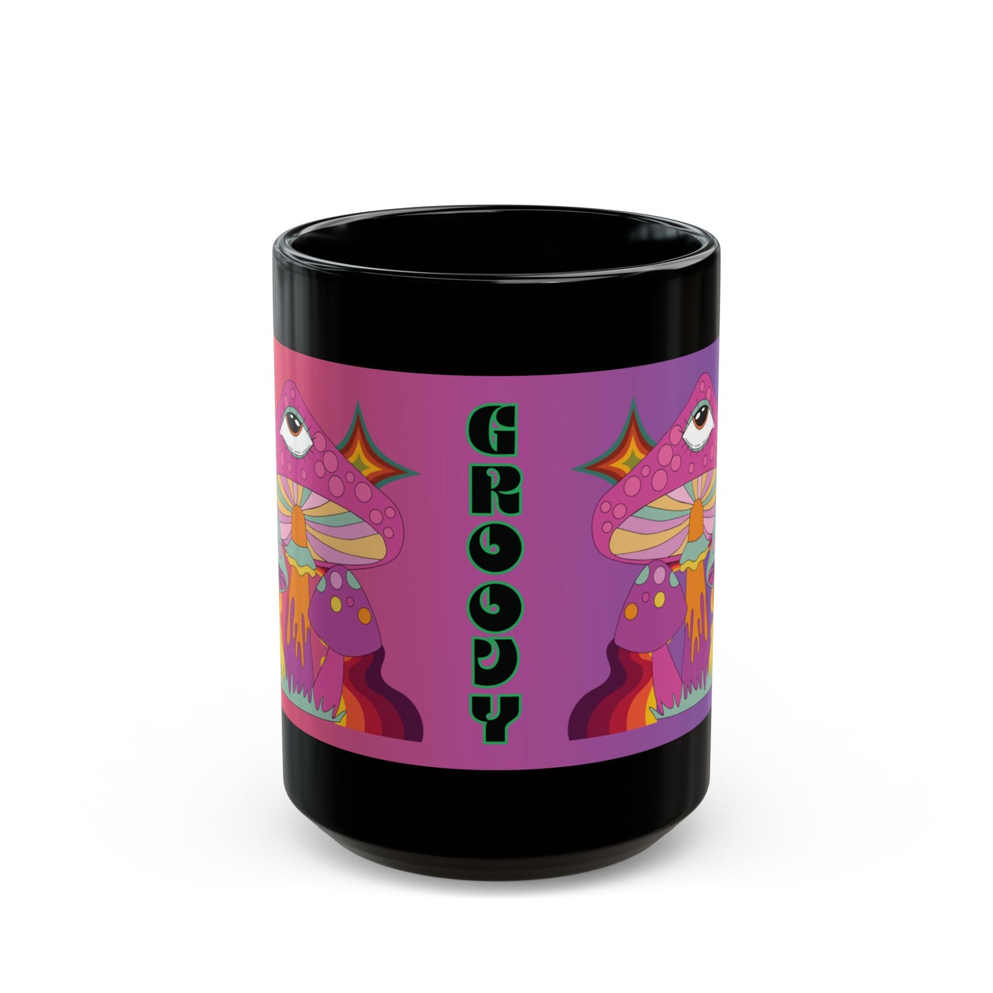 "Groovy Ombre Mushroom" Mug,  Black Ceramic Coffee Mugs In 15oz & 11oz