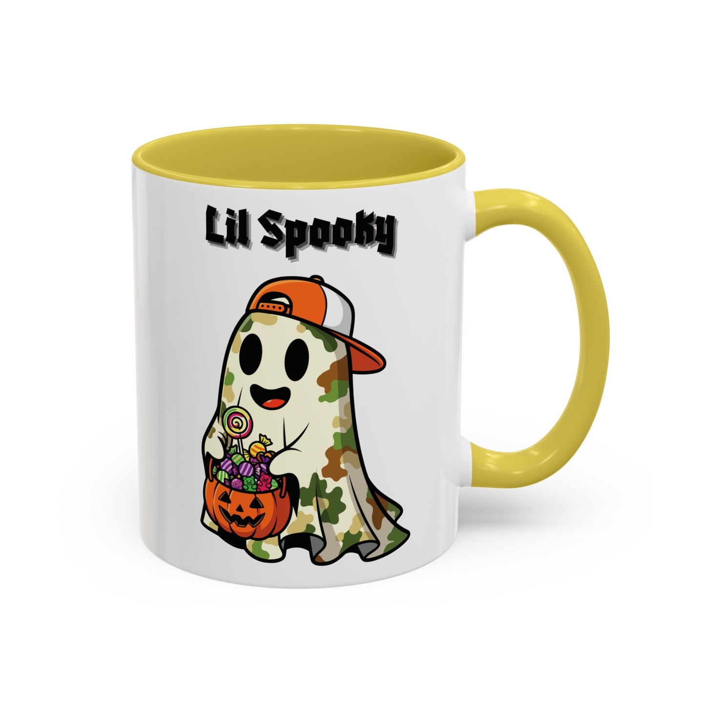 "Lil Spooky"  White Ceramic Halloween Mug With Colorful Accents — Cute Ghost Trick-or-Treat Ceramic Mug (11oz/15oz)