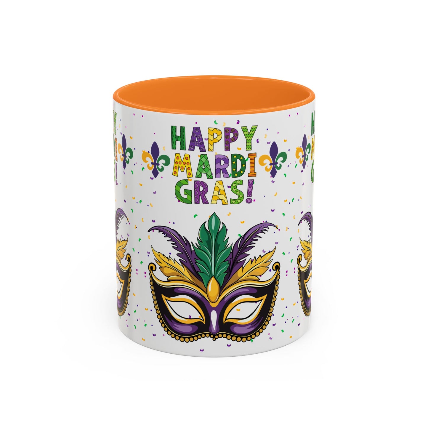 "Happy Mardi Gras Mask" White Ceramic 11oz Mugs With Colorful Accents.  Enjoy The Carnival Season Every time You Use This Mug.