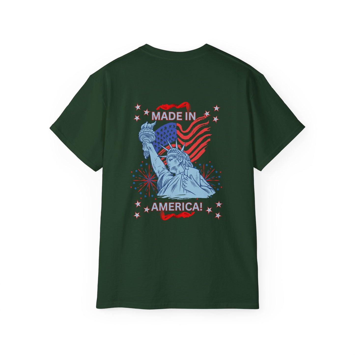 Statue of Liberty Patriotic T-Shirt — "Made In America -Happy Anniversary 1776-2026"  Front & Back Design