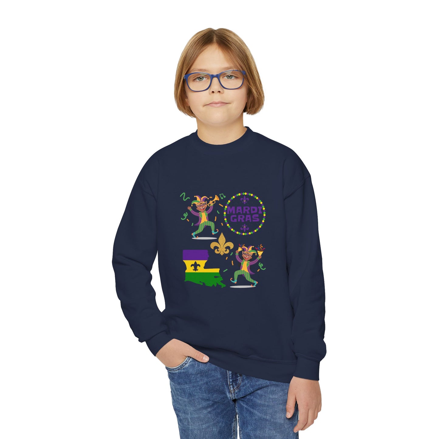 "Mardi Gras Kids" Youth Crewneck Sweatshirt — Colorful Beads, Jester Costumes & The State Of Louisiana all in Classic Mardi Gras Colors - Ready For The Parades!
