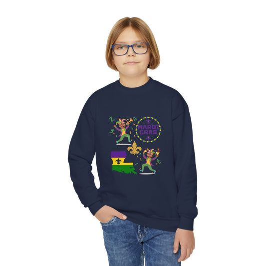 "Mardi Gras Kids" Youth Crewneck Sweatshirt — Colorful Beads, Jester Costumes & The State Of Louisiana all in Classic Mardi Gras Colors - Ready For The Parades!
