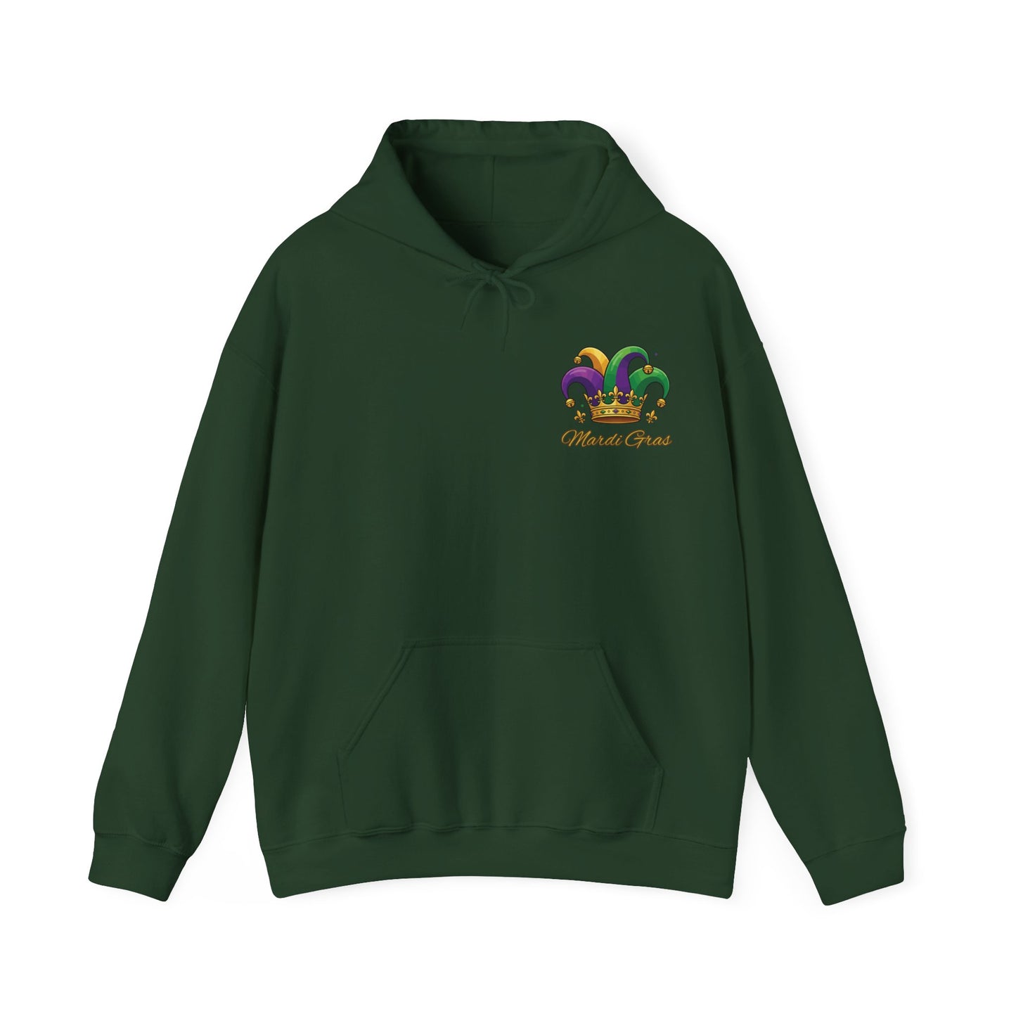 "Mardi Gras Jester Crown" Unisex Pullover Hoodie.  Festive Colorful Front Chest & Bold Back Designs Make This THE Hoodie Of Carnival Season!