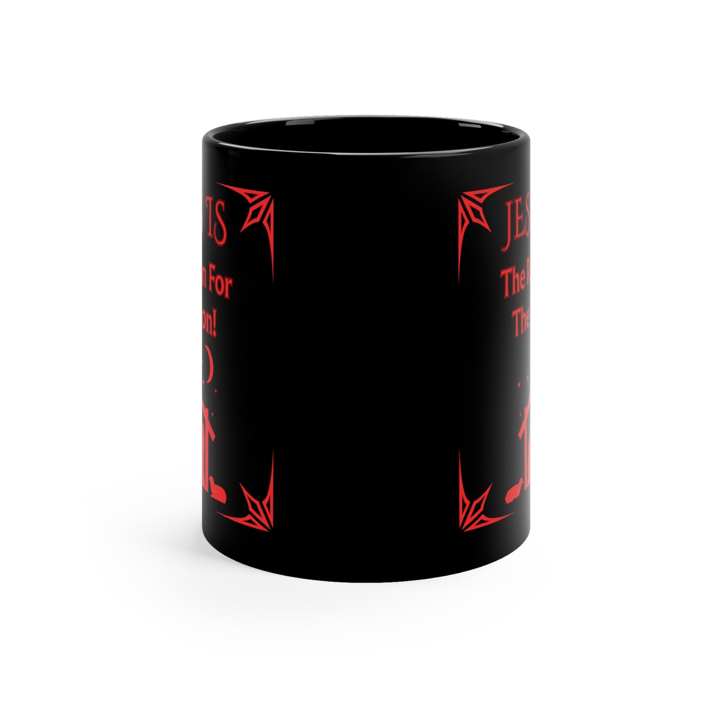 "Jesus Is The Reason For The Season!"  11oz  Black  Ceramic Coffee Mug — Red Design