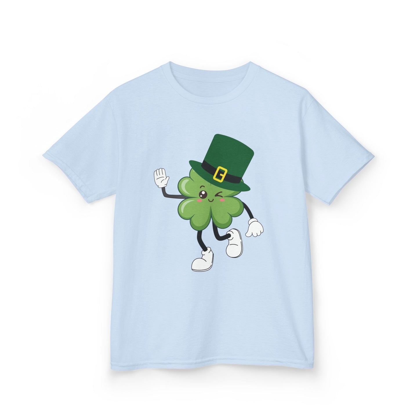 "Dancing Shamrock with Leprechaun Hat".  Kids Heavy Cotton T-Shirt. Patrick’s Day Tee