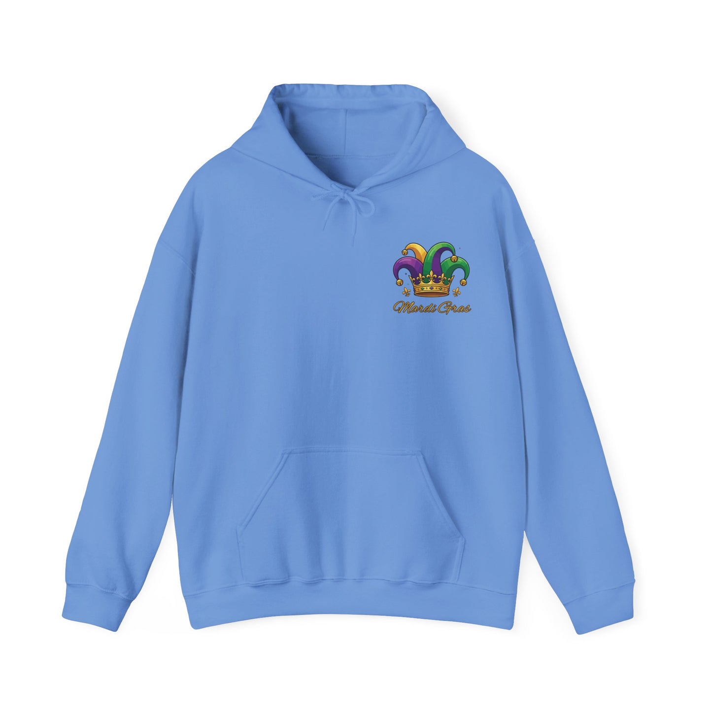"Mardi Gras Jester Crown" Unisex Pullover Hoodie.  Festive Colorful Front Chest & Bold Back Designs Make This THE Hoodie Of Carnival Season!
